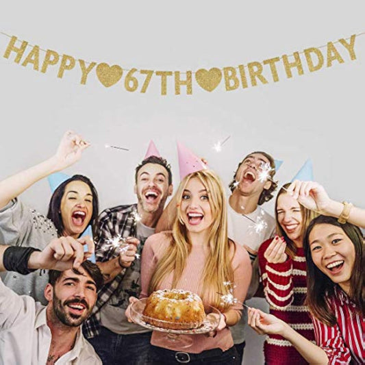 Gold Happy 67Th Birthday Banner, Glitter 67 Years Old Woman Or Man Par