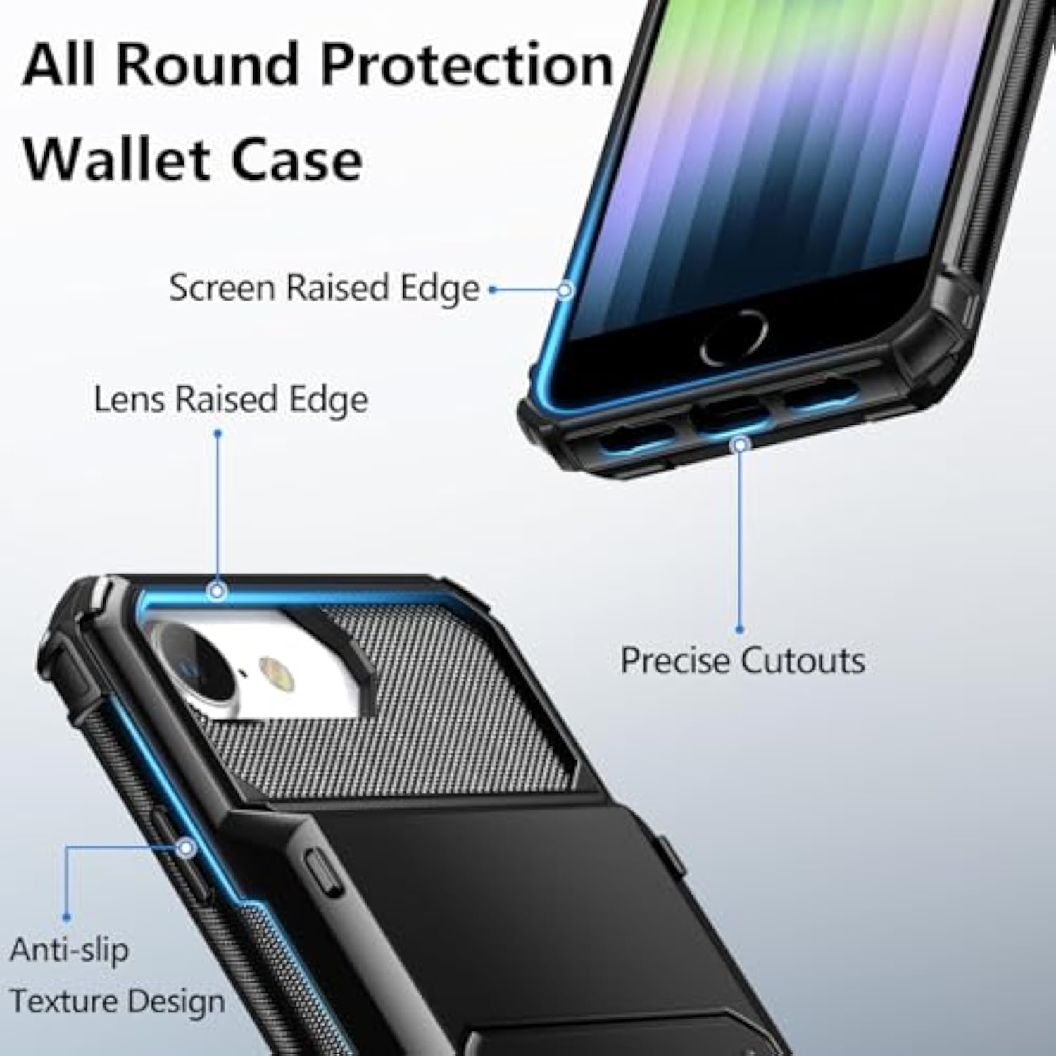 For Iphone Se Case 2022 Credit Card Holder Id Slot Pocket Dual Layer Protective Bumper Rugged Tpu Rubber Armor Hard Shell Cover For Iphone Se3 Black