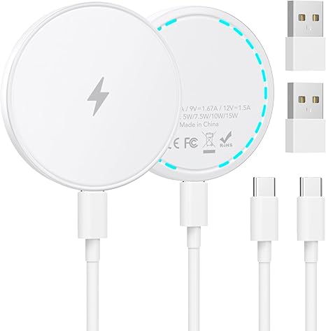 2 Pack 15W Magnetic Wireless Charger Pad with 4.2FT USB C Cables for iPhone AirPods