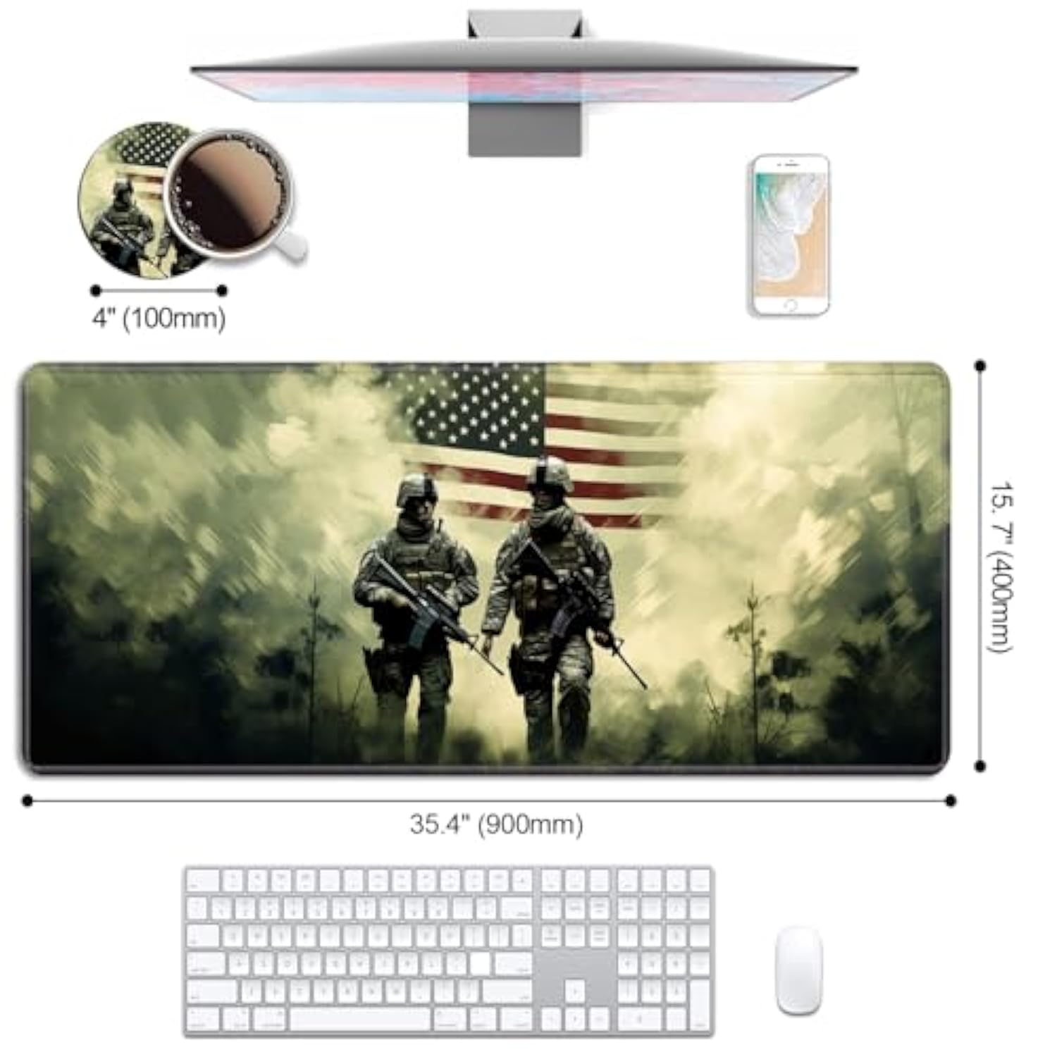 Desk Pad Mat Gaming Mouse Pads With Coasters Set, American Military Army Troops Soldiers Large Extended Desk Mousepad With Stitched Edge & Non-Slip Base For Work, Game, Office, Home (35.4"X 15.7")