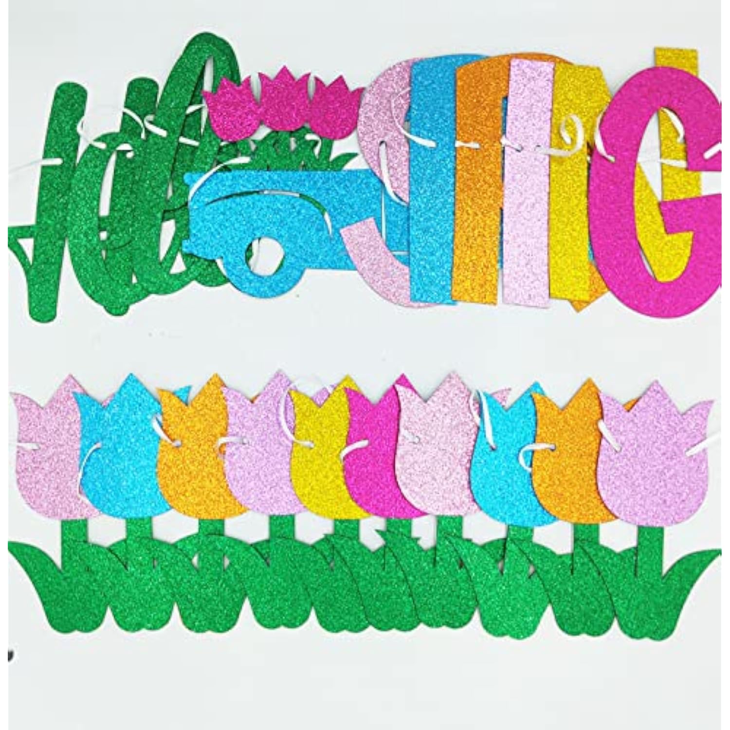 Glitter Hello Spring Banner With Tulip Truck Signs And Colorful Glittery Tulips Banner Hello Spring Flowers Garland Easter Birthday Party Fireplace Mantle Decorations
