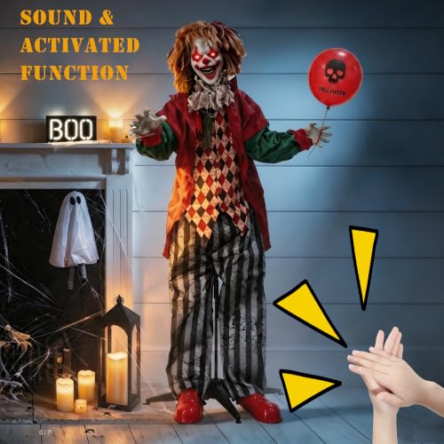 5.3FT Halloween Animatronics Clown Decorations, Sound Activated Standing Animated Clown with Lighted Eyes, Clown Holding Balloon for Indoor Outdoor Haunted House Party Prop Yard Decor