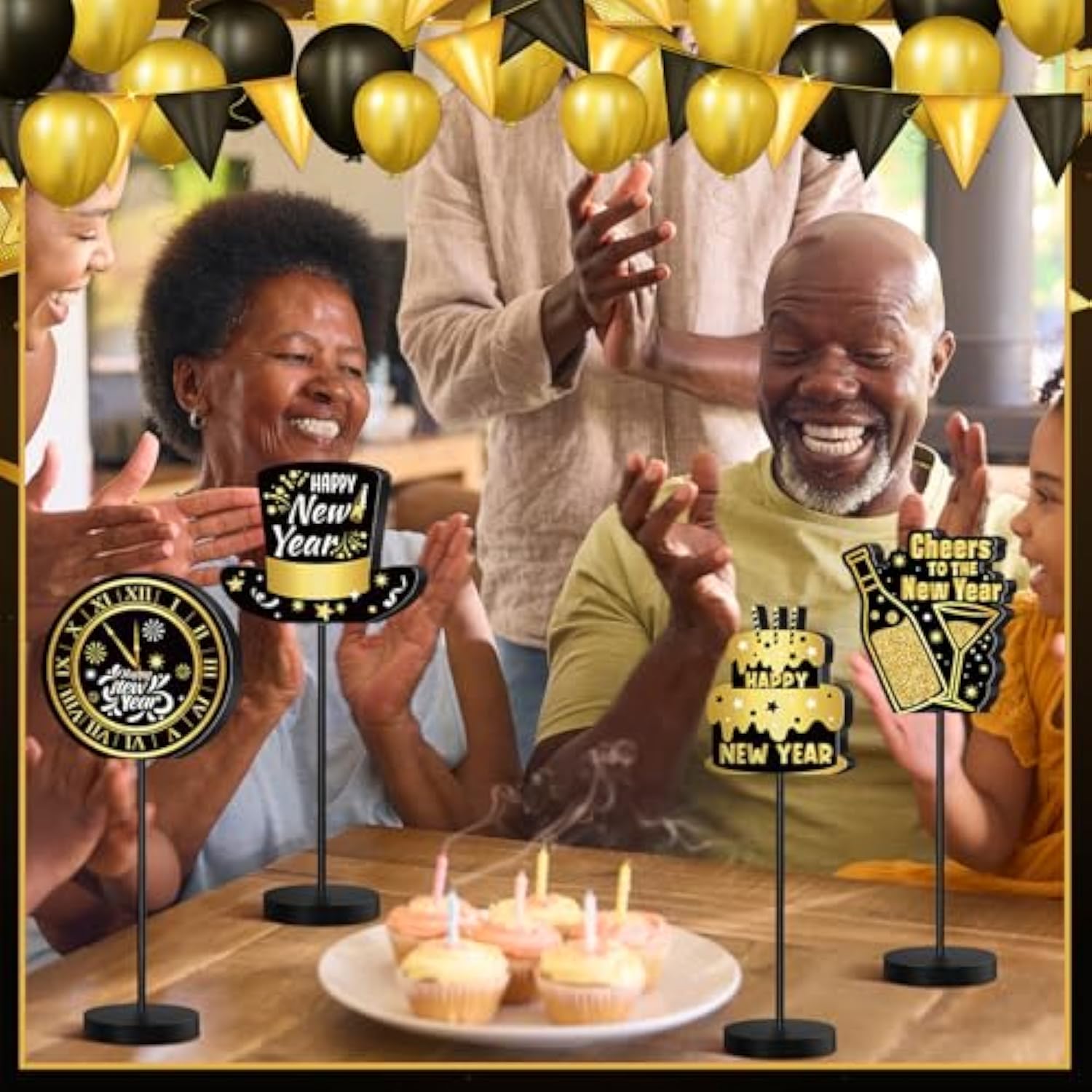 6-Pack Black and Gold New Year 2026 Table Centerpieces for Parties