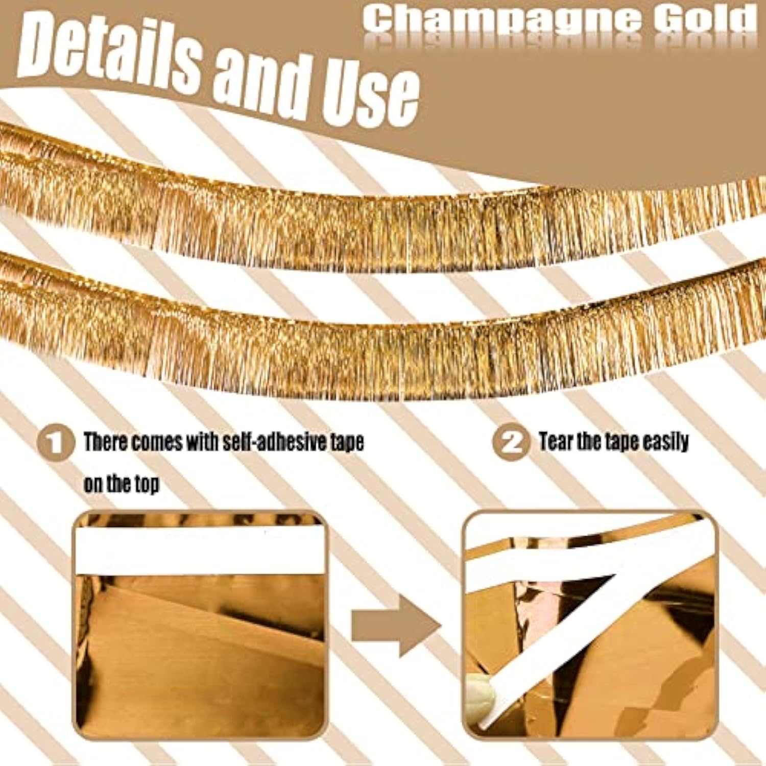 6 Pack 10 Feet Champagne Gold Foil Fringe Garland Metallic Tinsel Streamers Banner Wall Hanging Backdrop Banner For Parade Floats, Thanksgiving, Christmas, Birthday, Halloween Party Decorations