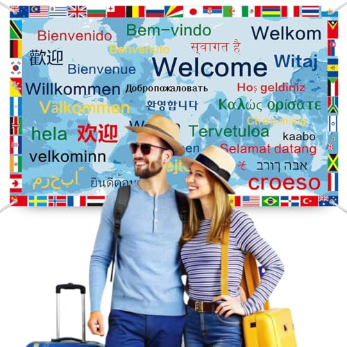 International Welcome Banner Decorations 52 World Country Flags Around the World Multicultural Decor - Large Welcome Backdrop Banner with 32 Different Language Welcome Words - Olympic Party Supplies