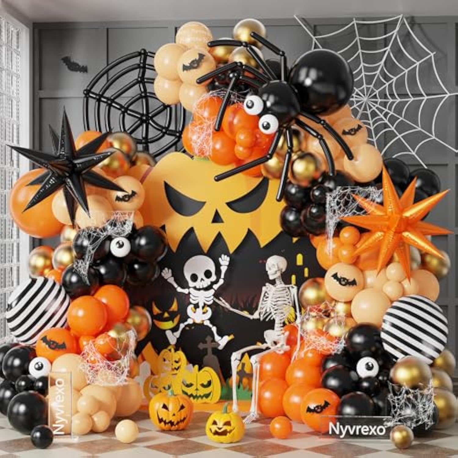 174Pc Halloween Balloon Arch Kit – Black Orange with Spider, Web & Eye Balloons