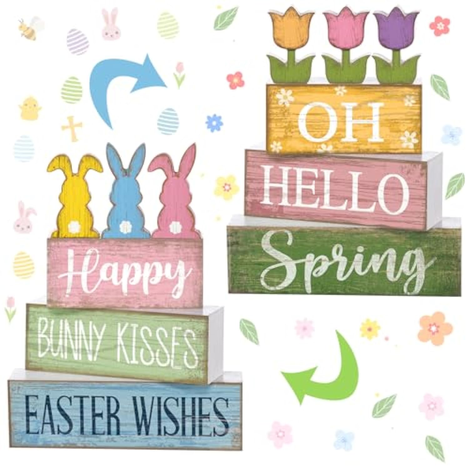 9 Pcs Easter Table Decoration Wooden Pastel Block Sign Reversible Bunny Tulip Centerpieces Farmhouse Double Side Spring Easter Tiered Tray Decor For Home Kitchen Office Desk