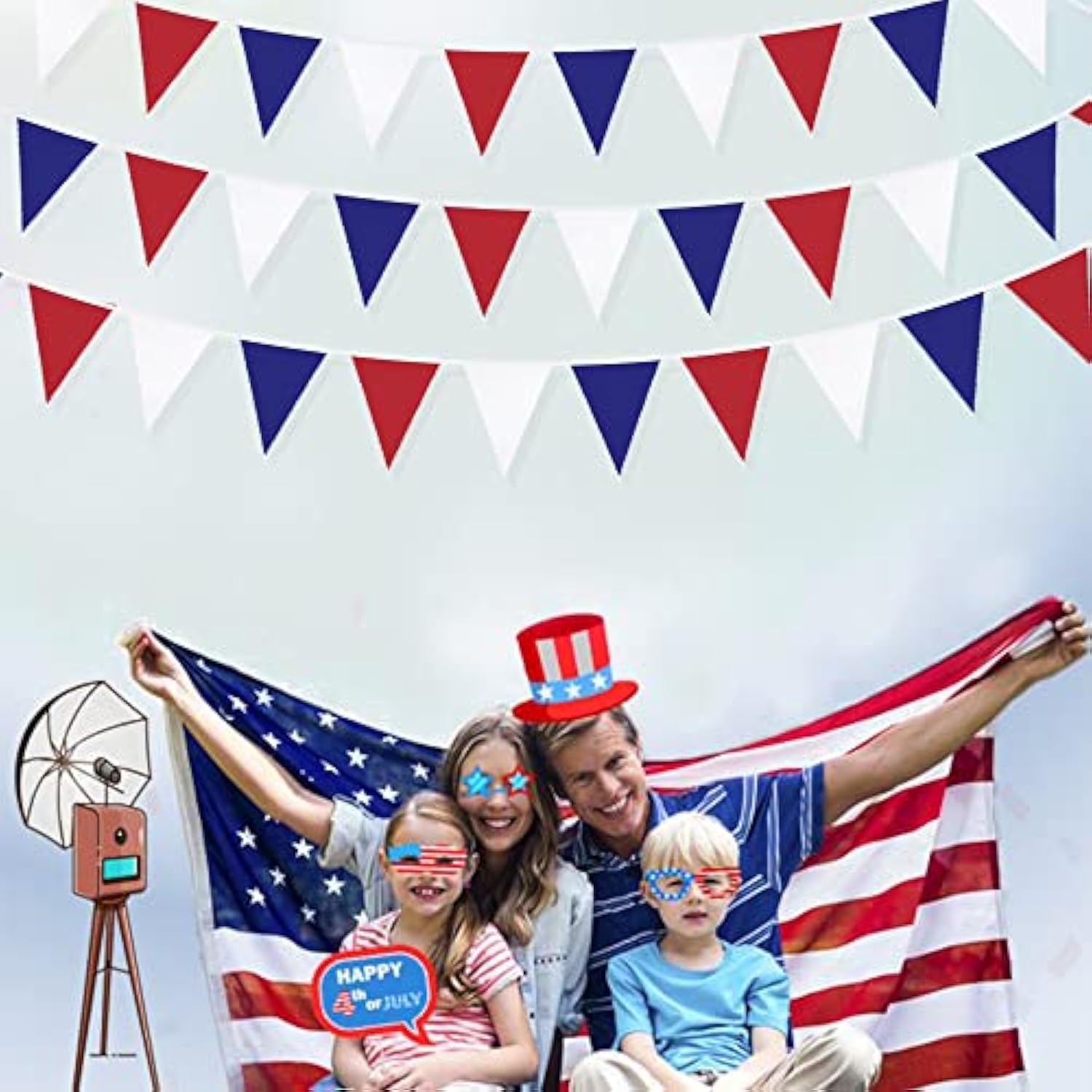 32Ft Red, Blue & White Pennant Banner - Patriotic Party Garland for 4th of July