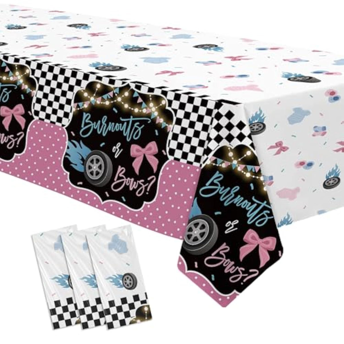 Burnouts Or Bows Gender Reveal Decorations Tablecloth, 3 Pack Disposable Boy Or Girl Gender Reveal Party Tablecover Supplies For Race Car Vs Bows Baby Shower, 86In X 55In