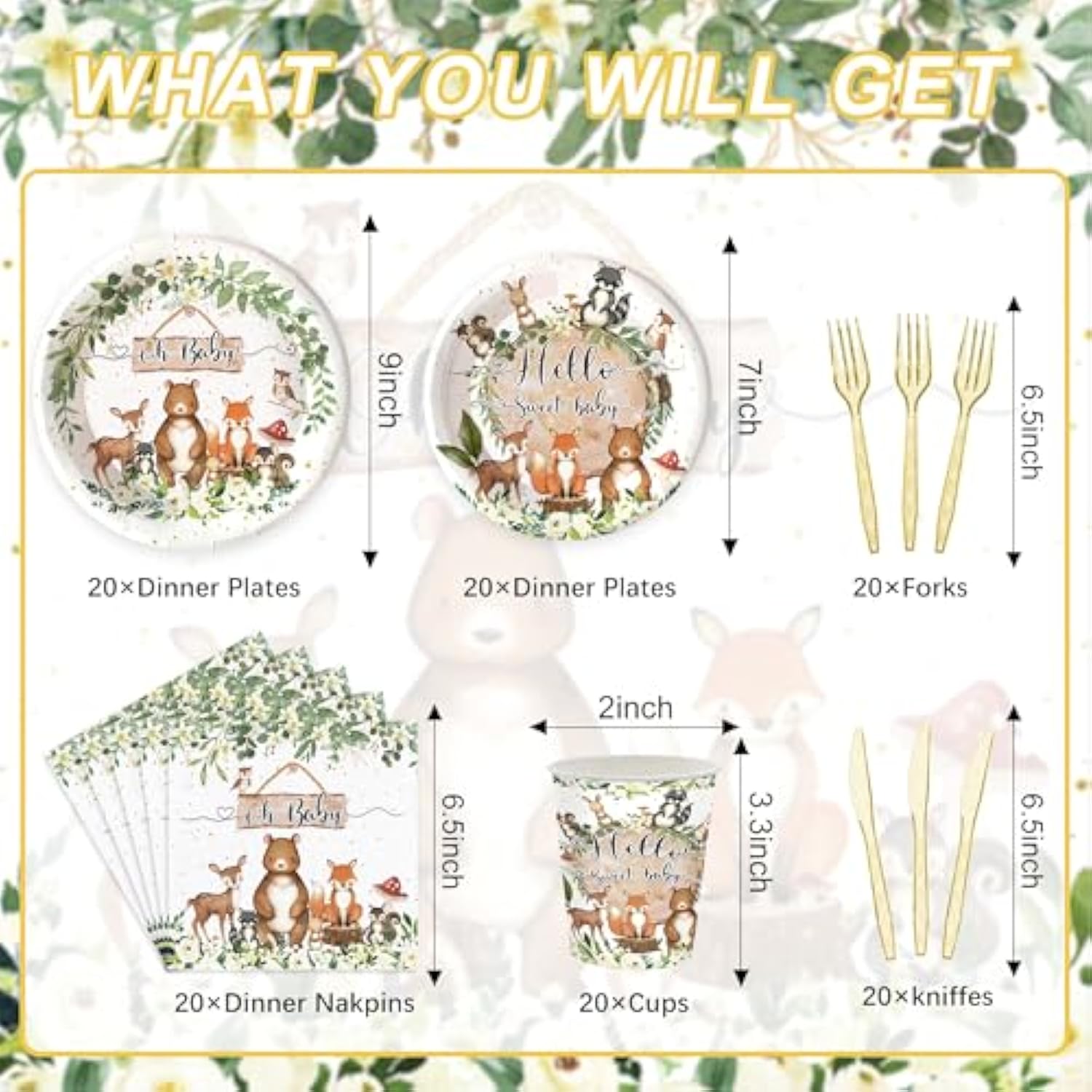 120Pcs Woodland Baby Shower Party Supplies For Boys Girls Safari Jungle Wild Animal Party Decorations Nature Sage Plates Napkin Cups Forks Knives Tableware Set For 20 Guests White