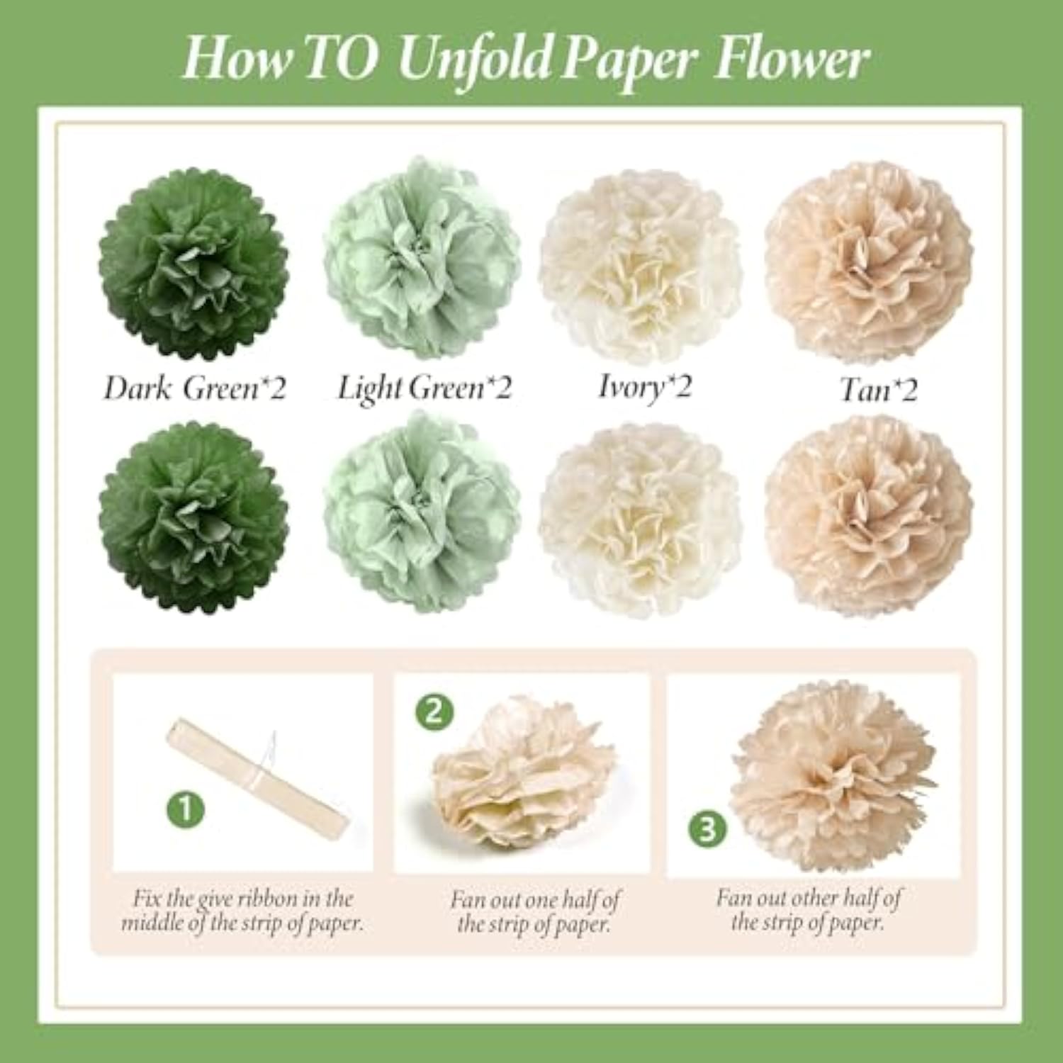 Sage Green Birthday Party Decorations With Banner, Tissue Tassels, Paper Pompoms, Balloons, Star Garland, Cake Topper