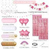 Pink Gold Birthday Party Decorations, Happy Birthday Banner, Pink Fringe Curtain, Heart Star Foil Confetti Balloons, Hanging Swirls For Women Girls Birthdays Princess Party
