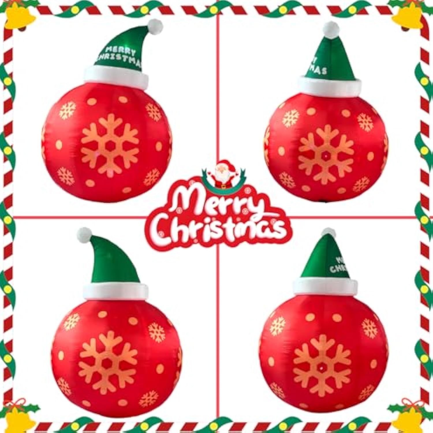 8Ft Red Christmas Ball With Santa Hat Inflatable Outdoor Indoor Decor, Giant Blow Up Ip44 Weatherproof Xmas Decorations