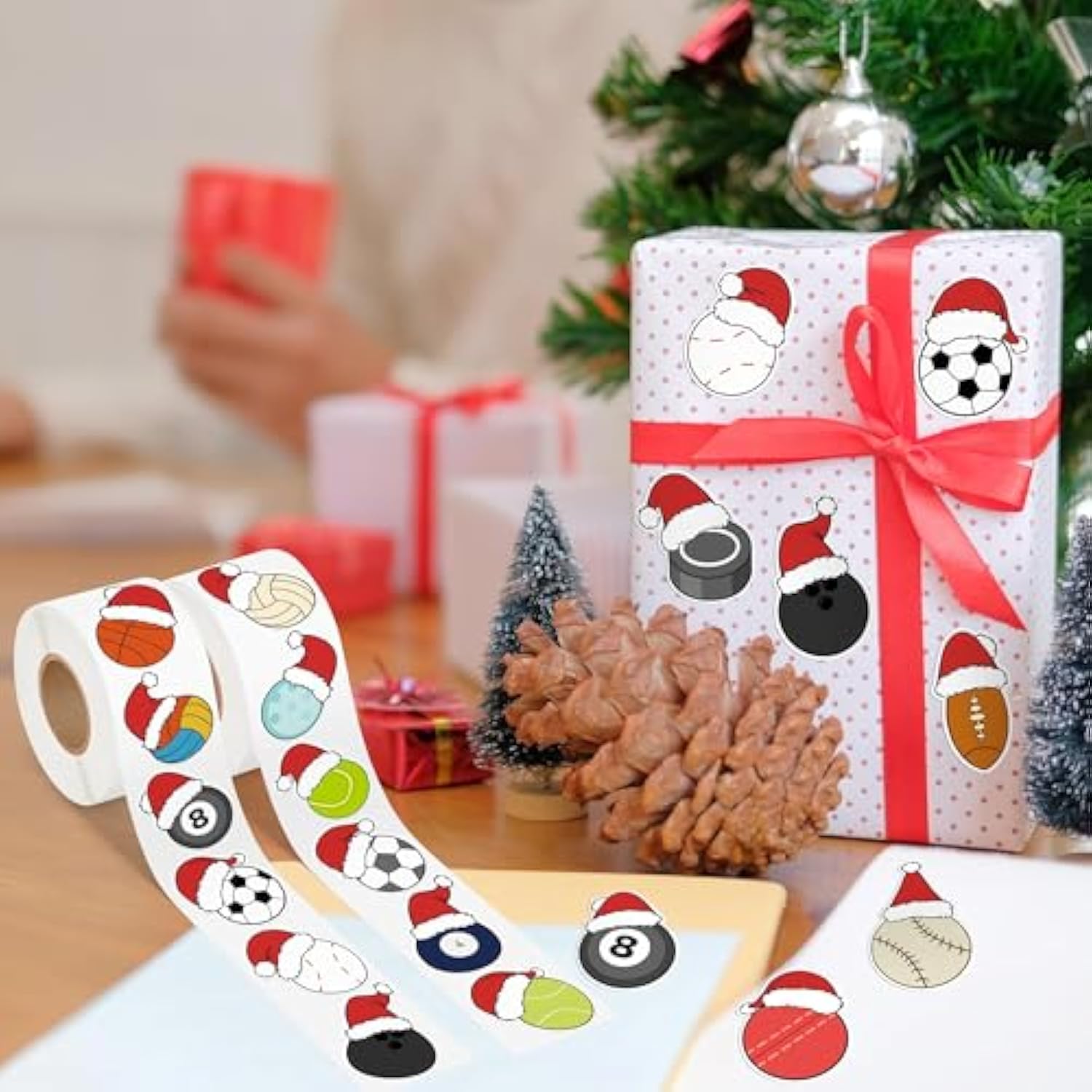 Christmas Ball Roll Stickers - 1000Pcs Christmas Basketball Football Volleyball Wearing Santa Hat Sport Stickers For Kids, Xmas Sport Theme Decals For Laptop Home Decor Party New Year Gifts