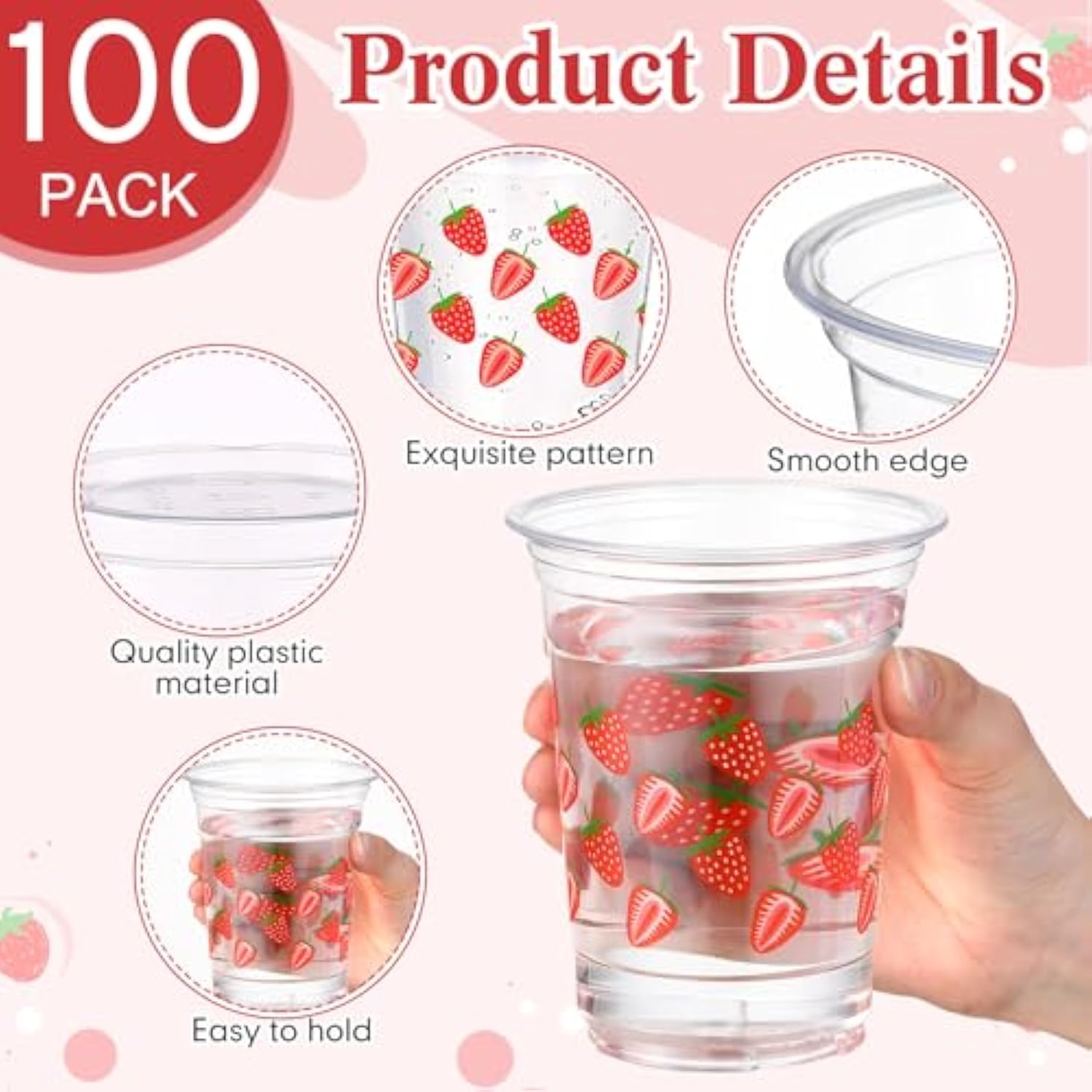 100 Pack Strawberry Plastic Cups 16 Oz Red Strawberry Disposable Clear Fruit Cups For Birthday Baby Shower Summer Party Supplies Favors