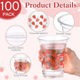 100 Pack Strawberry Plastic Cups 16 Oz Red Strawberry Disposable Clear Fruit Cups For Birthday Baby Shower Summer Party Supplies Favors