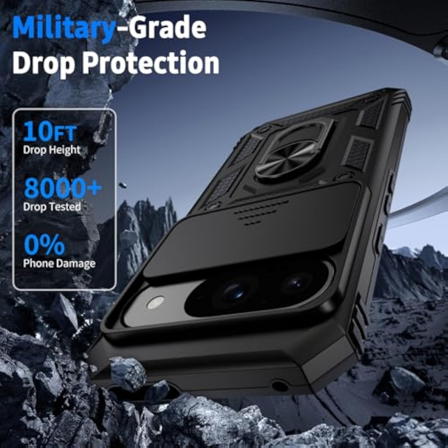 For Google Pixel 9 Case, Pixel 9 Pro Case, Slide Lens Cover, Hd Screen Protector, Grade Drop Protection, Magnetic Rotated Ring Holder Kickstand Protective Phone Case (Black)