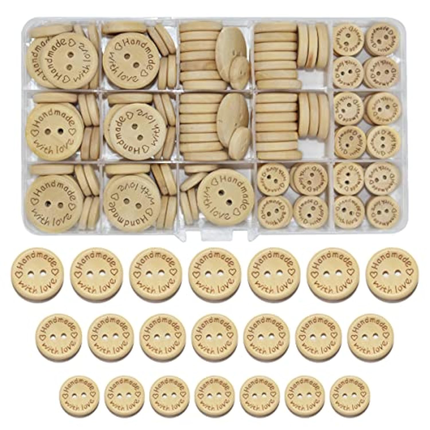 150Pcs Craft Sewing Button 2 Holes Handmade With Love Round Wooden But
