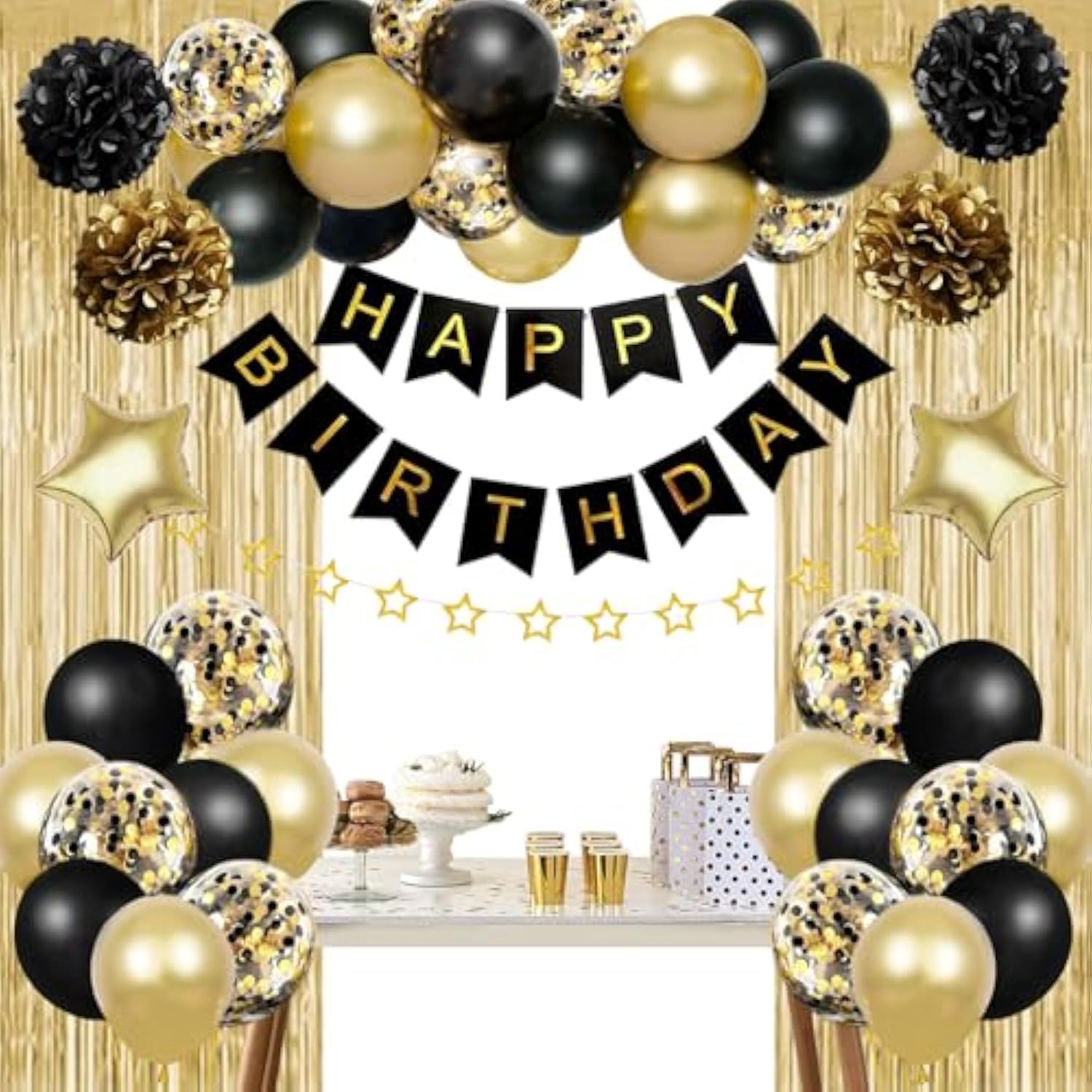 Birthday Decorations For Men Women, Gold And Black Party Decorations, Happy Birthday Banner With Black Gold Balloons Pom Poms Confetti Foil Fringe Curtains, Men Golden Party Decorations