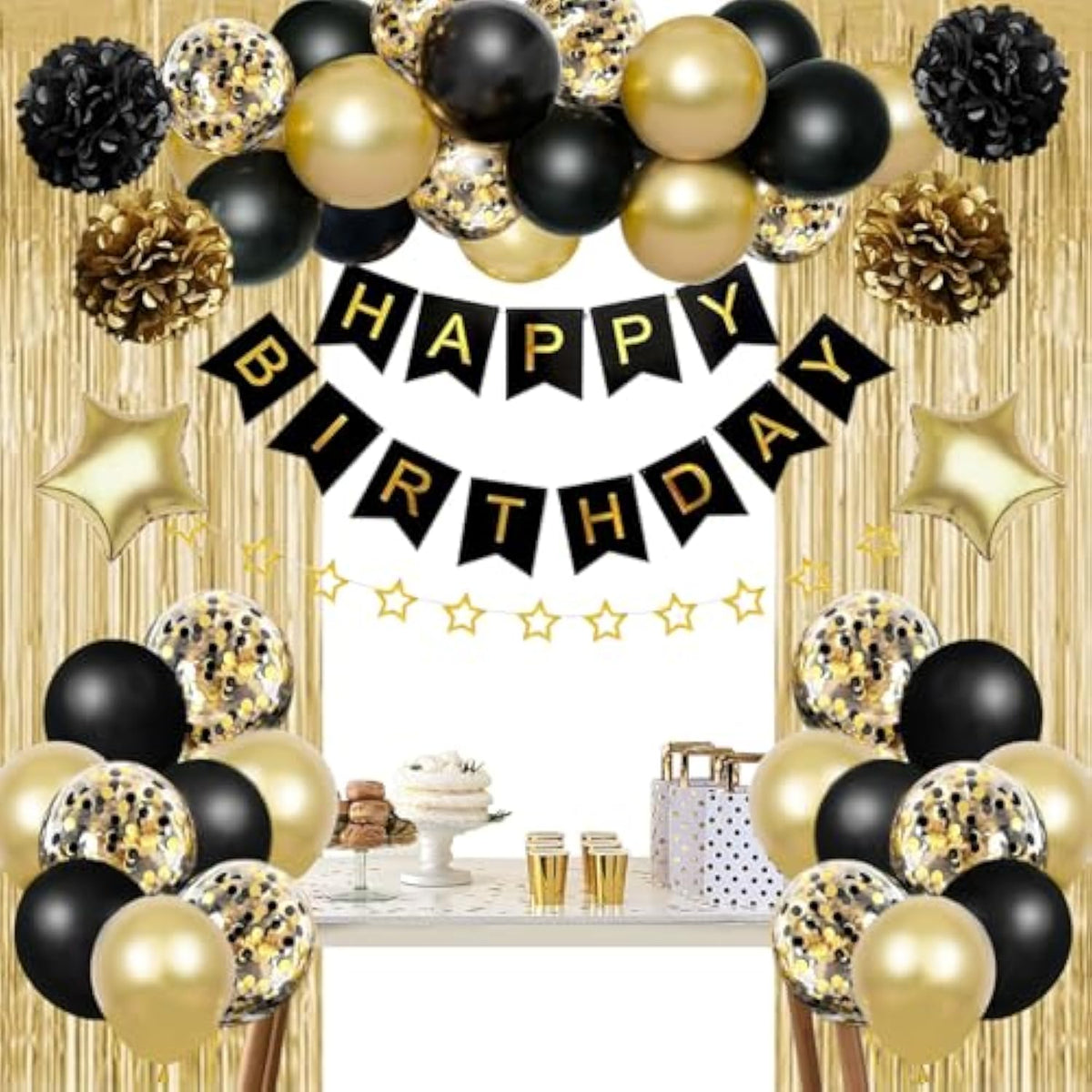 Birthday Decorations For Men Women, Gold And Black Party Decorations, Happy Birthday Banner With Black Gold Balloons Pom Poms Confetti Foil Fringe Curtains, Men Golden Party Decorations