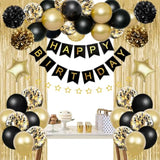 Birthday Decorations For Men Women, Gold And Black Party Decorations, Happy Birthday Banner With Black Gold Balloons Pom Poms Confetti Foil Fringe Curtains, Men Golden Party Decorations