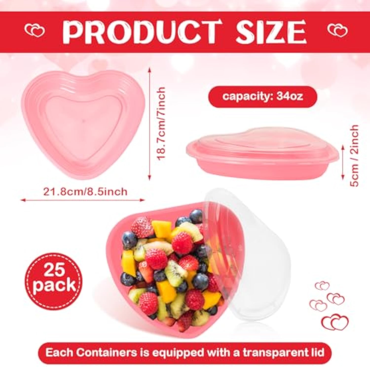 25 Pack 34 Oz Heart Shaped Food Storage Containers Valentine‘S Day Heart Box With Clear Lid Pink Plastic Seasoning Plates Dessert And Lunch Box For Kitchen Restaurant Fruit Vegetable Food