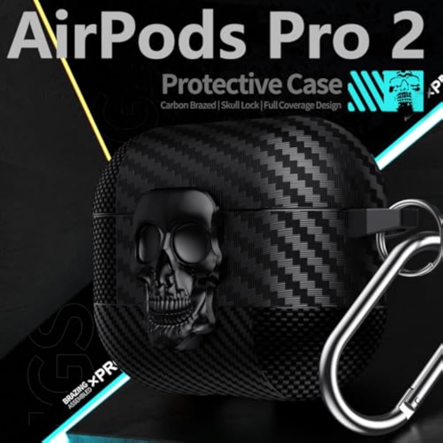 For Airpods Pro 2Nd Generation Case Skull With Lock & Keychain For Men, Funny Carbon Fiber Full Body Shockproof Hard Shell Protective Skeleton Cover For Airpods Pro 2 Klt Black