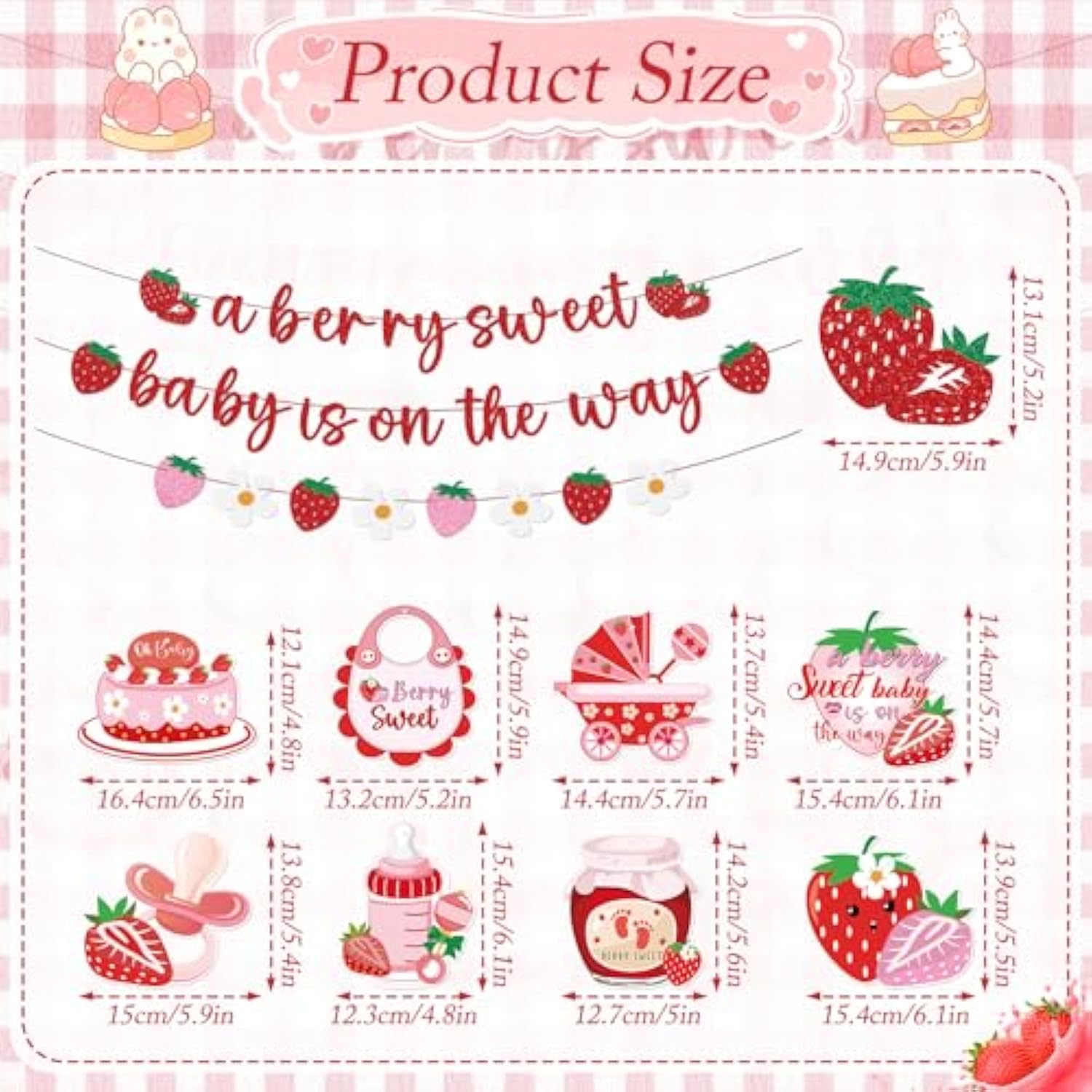 11pcs Strawberry Baby Shower Decor – Sweet Baby Banners & Hanging Swirls Set