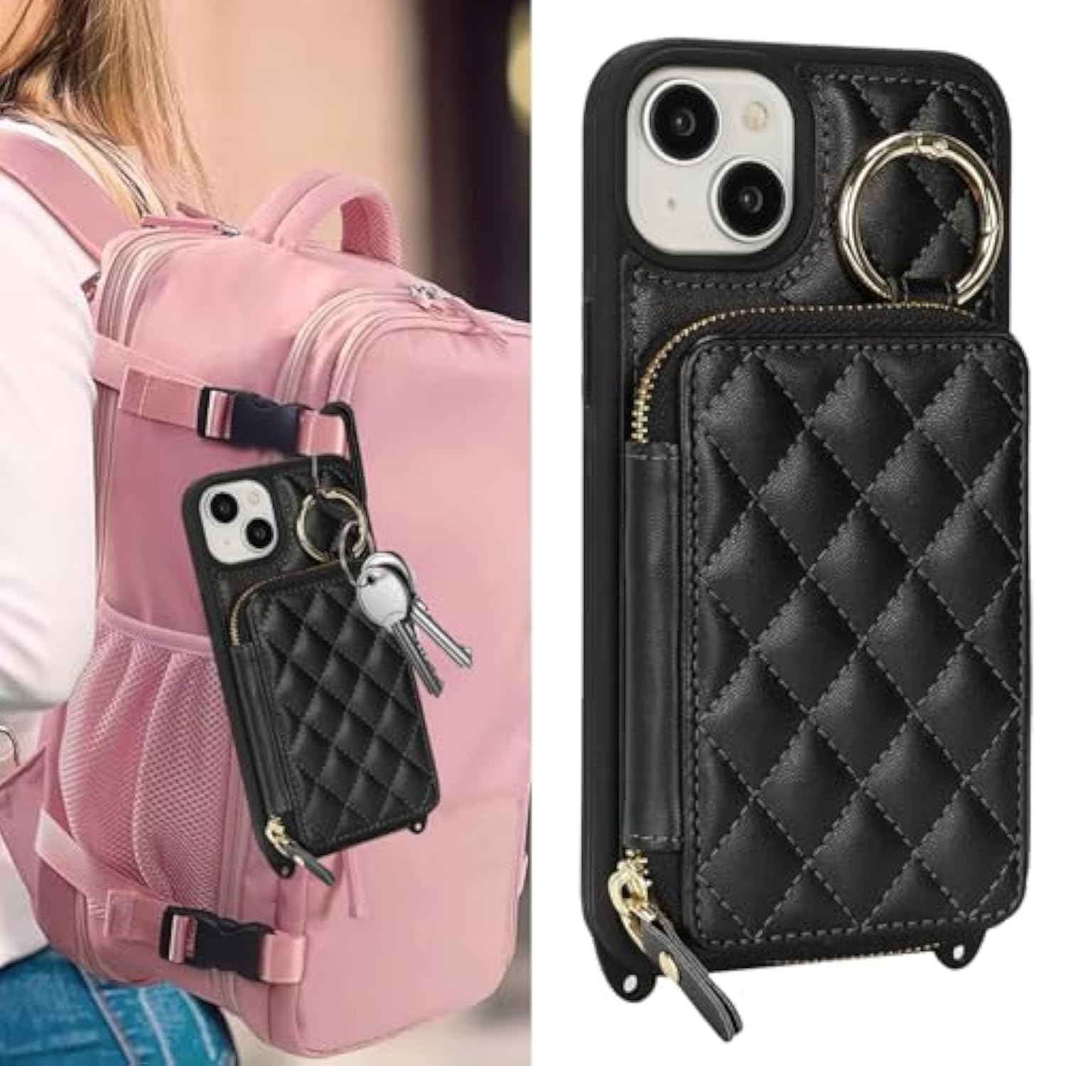 Crossbody Wallet Case For Iphone 14 Plus, Pu Leather Zipper Handbag Purse Flip Cover, Kickstand Folio Case With Card Slots Holder Wrist Strap Lanyard 5G 6.7 Inch-Black