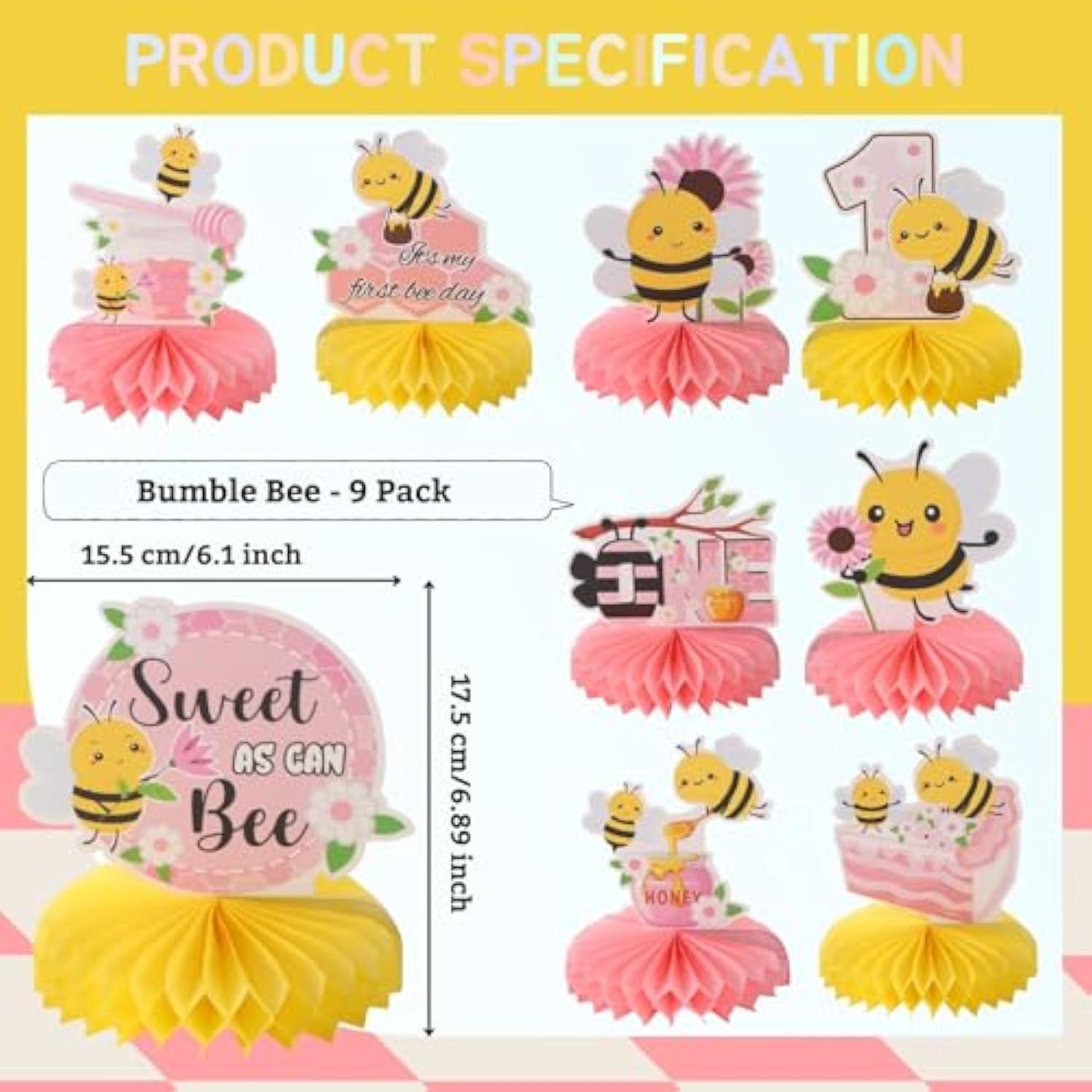 9Pcs Happy 1St Bee Day Honeycomb Centerpieces Bumble Bee First Birthday Party Table Decorations Pink It'S My 1St Bee Day Table Centerpiece For Girl Baby Shower Sweet As Can Bee Table Topper Sign Decor