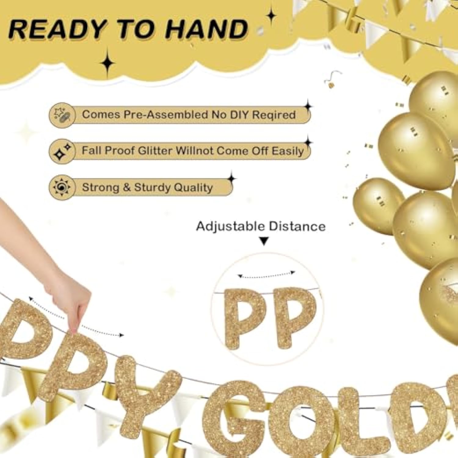 Pre Strung Happy Golden Birthday Banner Glitter Stay Golden Party Decorations For 5Th, 21St, 24Th, 25Th, 28Th, 30Th, 50Th, 60Th Birthdays Sign For Men Women Boy Girls (Champagne Gold)