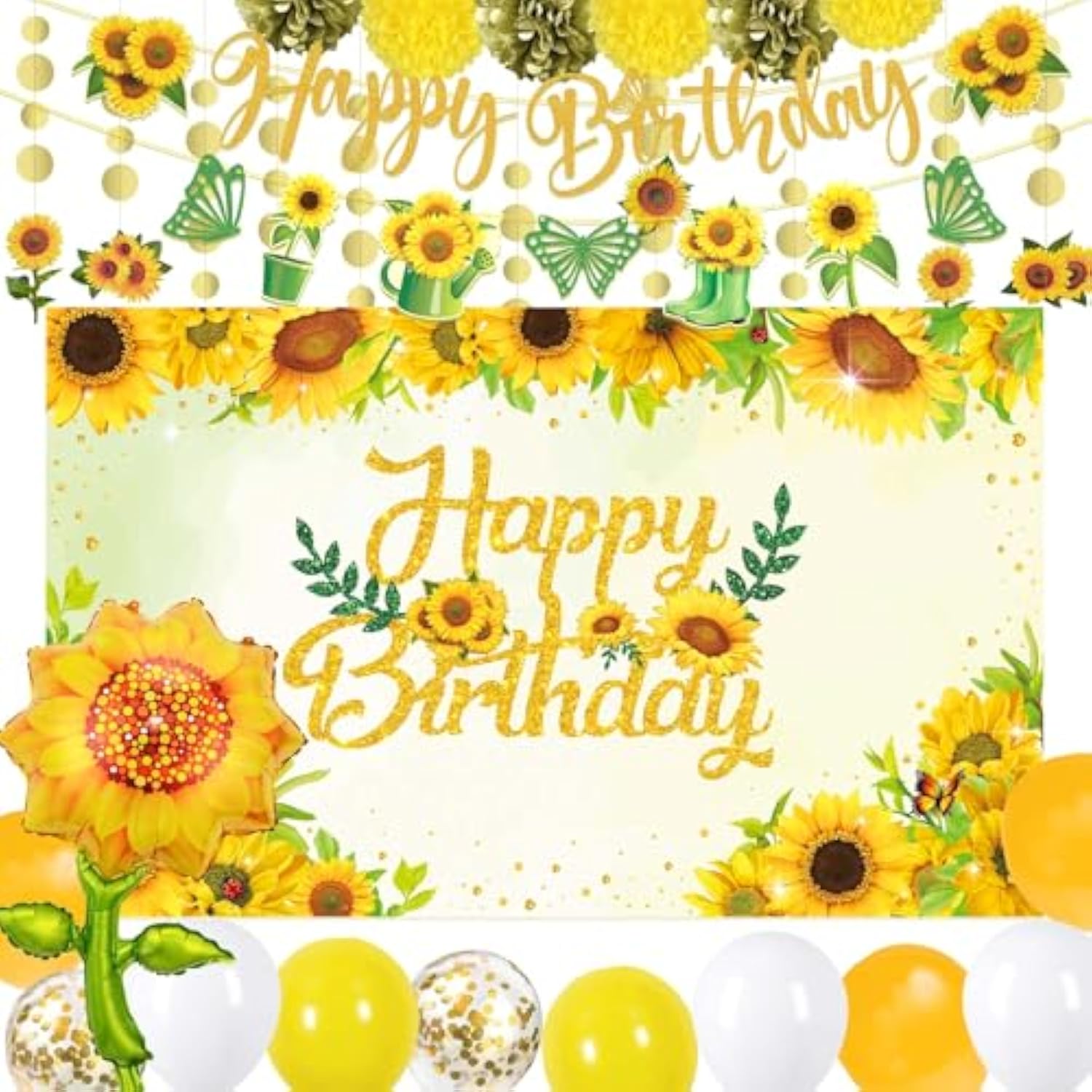 Sunflower Birthday Secorations Sunflower Party Decorations With Sunflower Garland, Sunflower Balloons, Sunflower Backdrop, Pompoms, Sunflower Birthday Banner, Party Supplies For Women And Girls