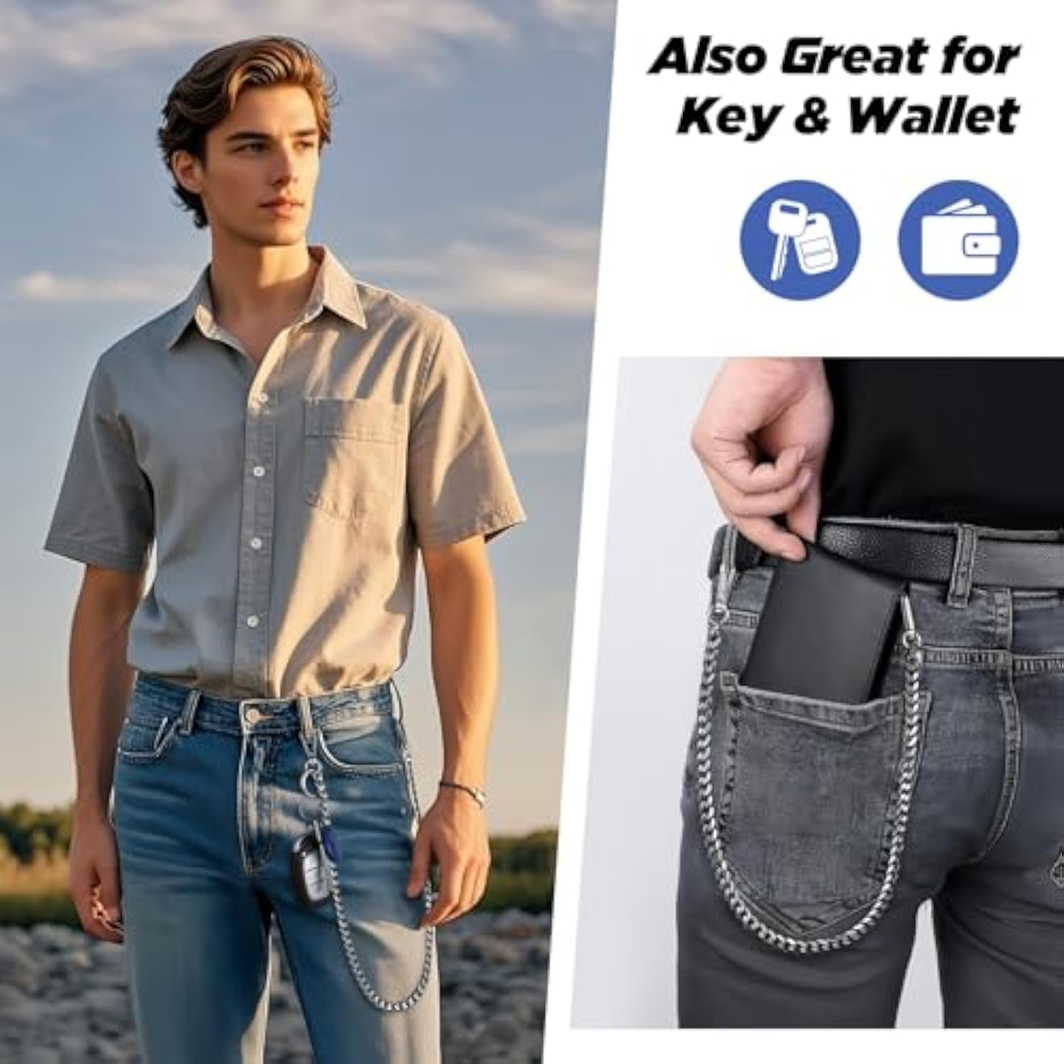 Anti Theft Phone Lanyard Belt, 19.6" Heavy Duty Metal Chain With 2 Pack Phone Patch For All Smartphones, Pants Chain For Wallets, Keys