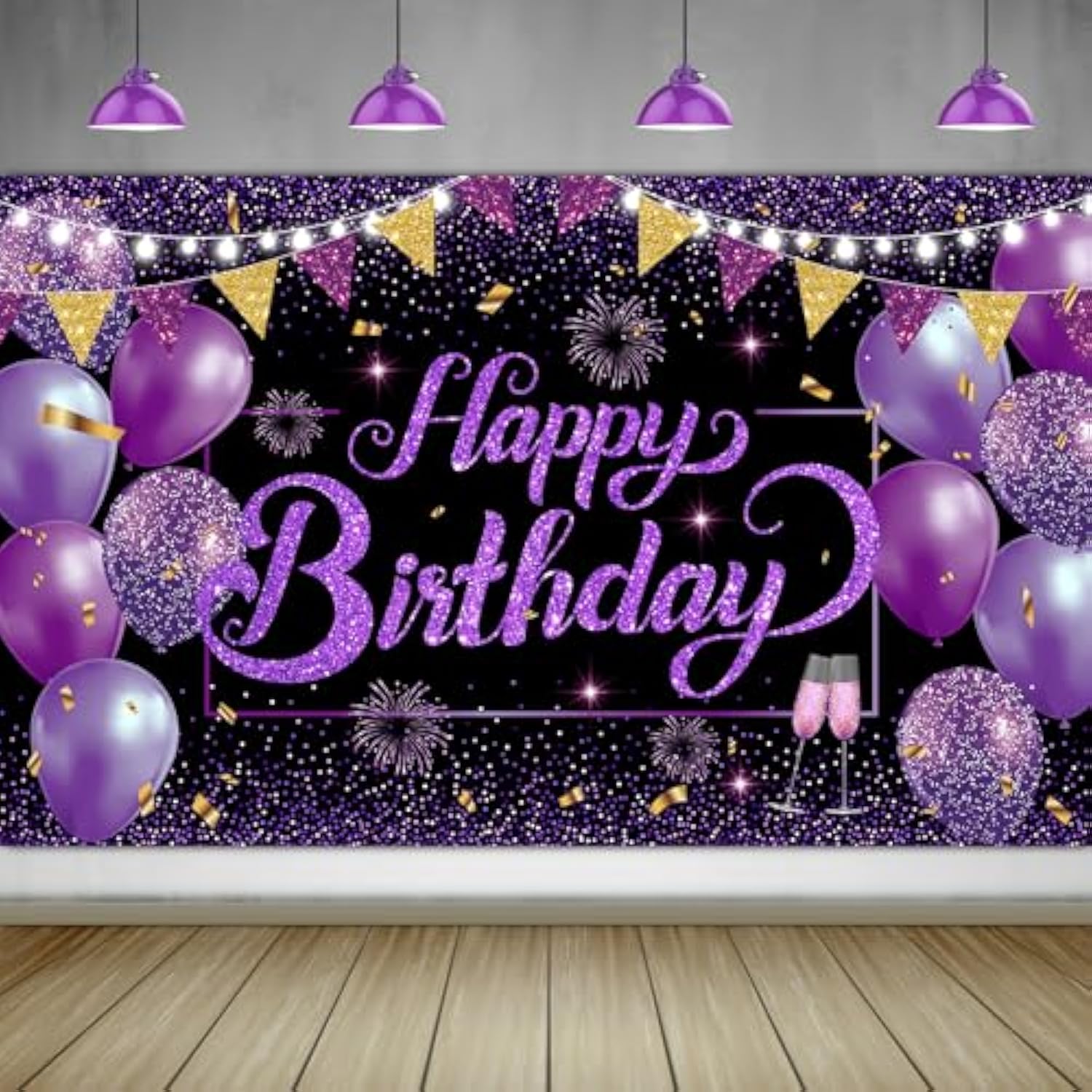 Purple Happy Birthday Banner Large Backdrop Party Decorations 72x44in