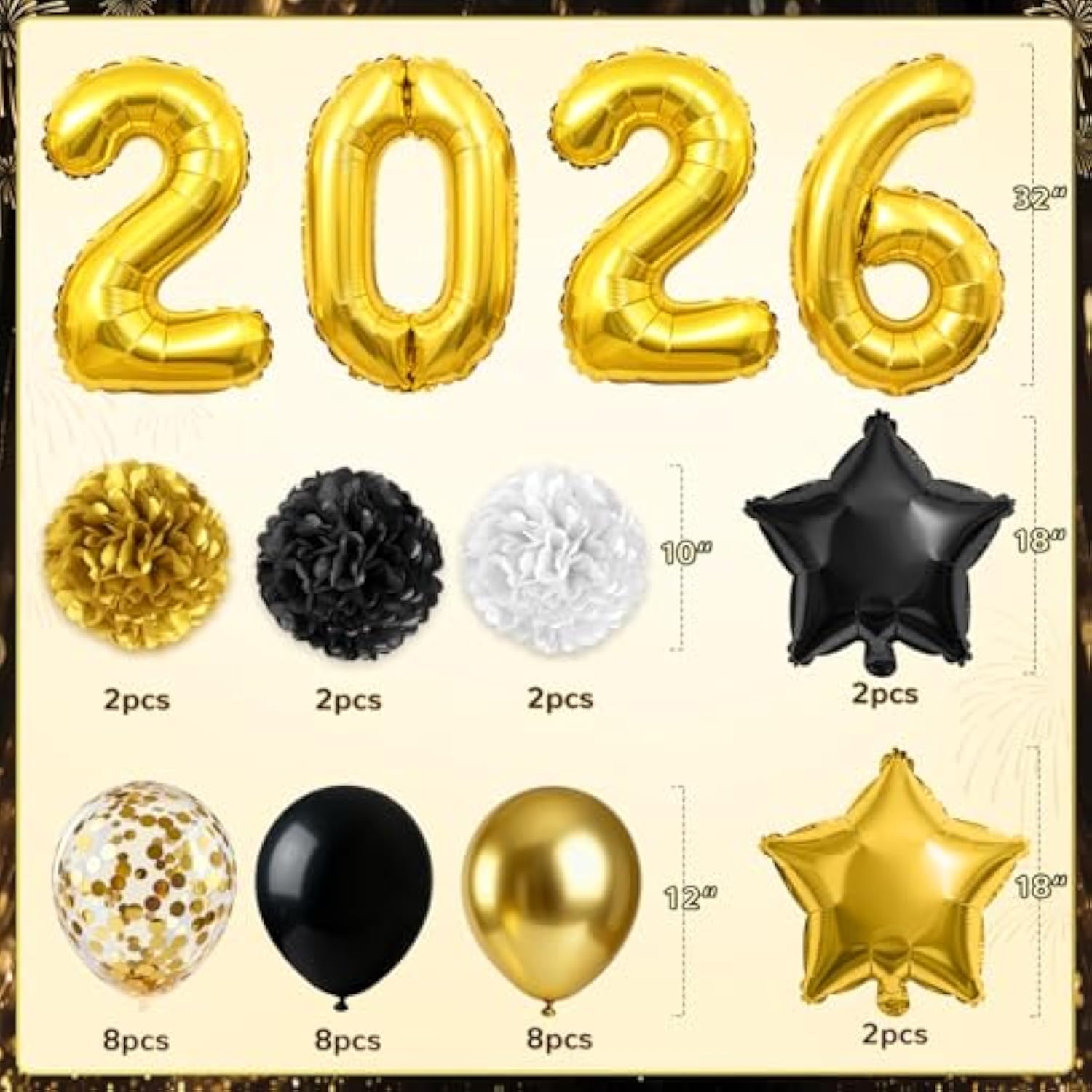 Black Gold New Year 2026 Party Decorations with Banner, Balloons & Backdrop