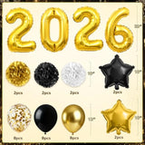 Black Gold New Year 2026 Party Decorations with Banner, Balloons & Backdrop