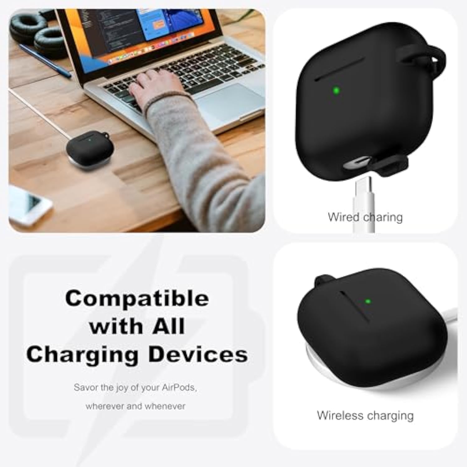 Compatible With Airpods 3 Case Cover, Silicone Protective Accessories Skin With Keychain Compatible With Apple Airpod 3Rd Generation 2021 For Women Men Girls Boys,Front Led Visible,Black