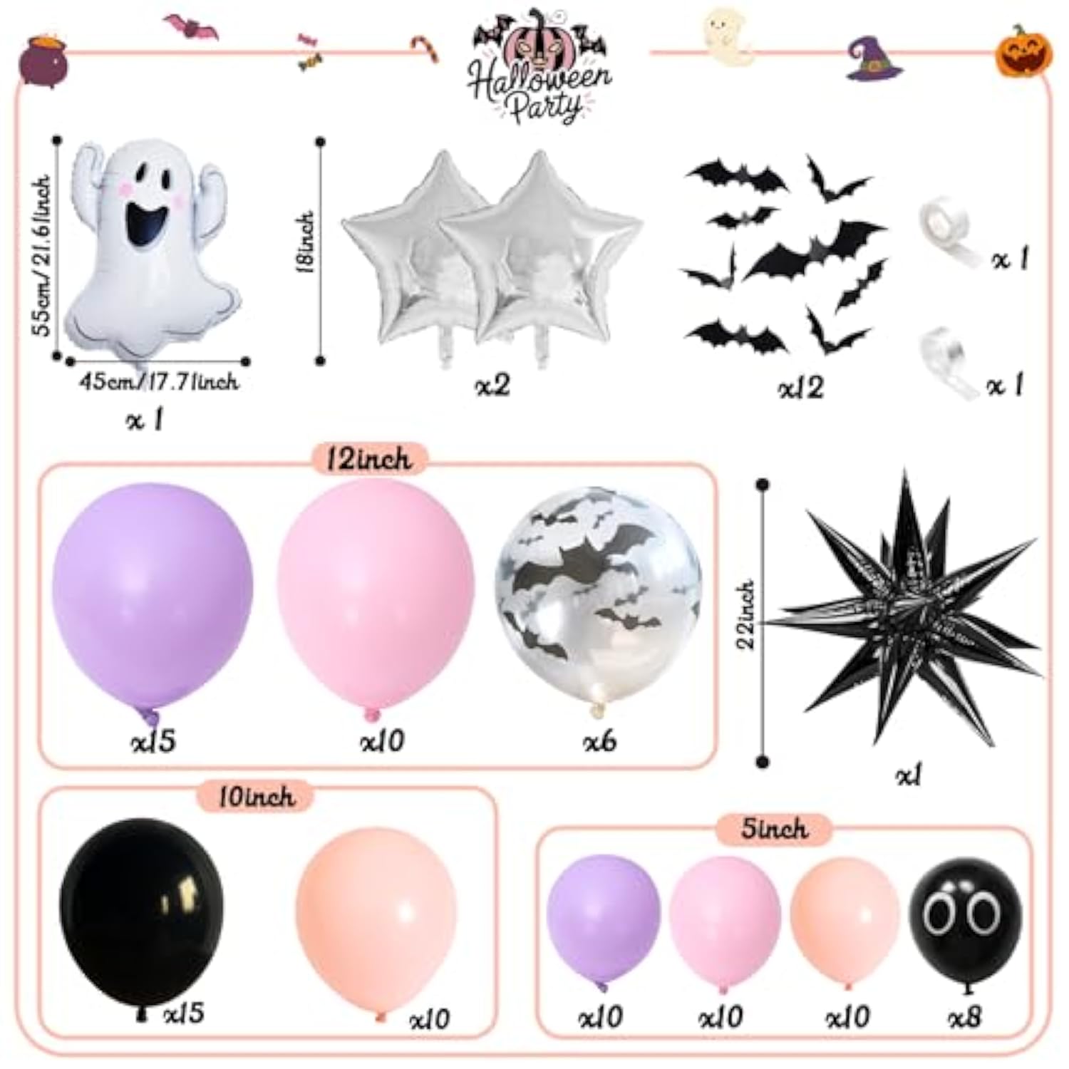 Halloween Balloon Arch Kit - Black, Purple, Pink Latex with Bat, Ghost & Witch Foils