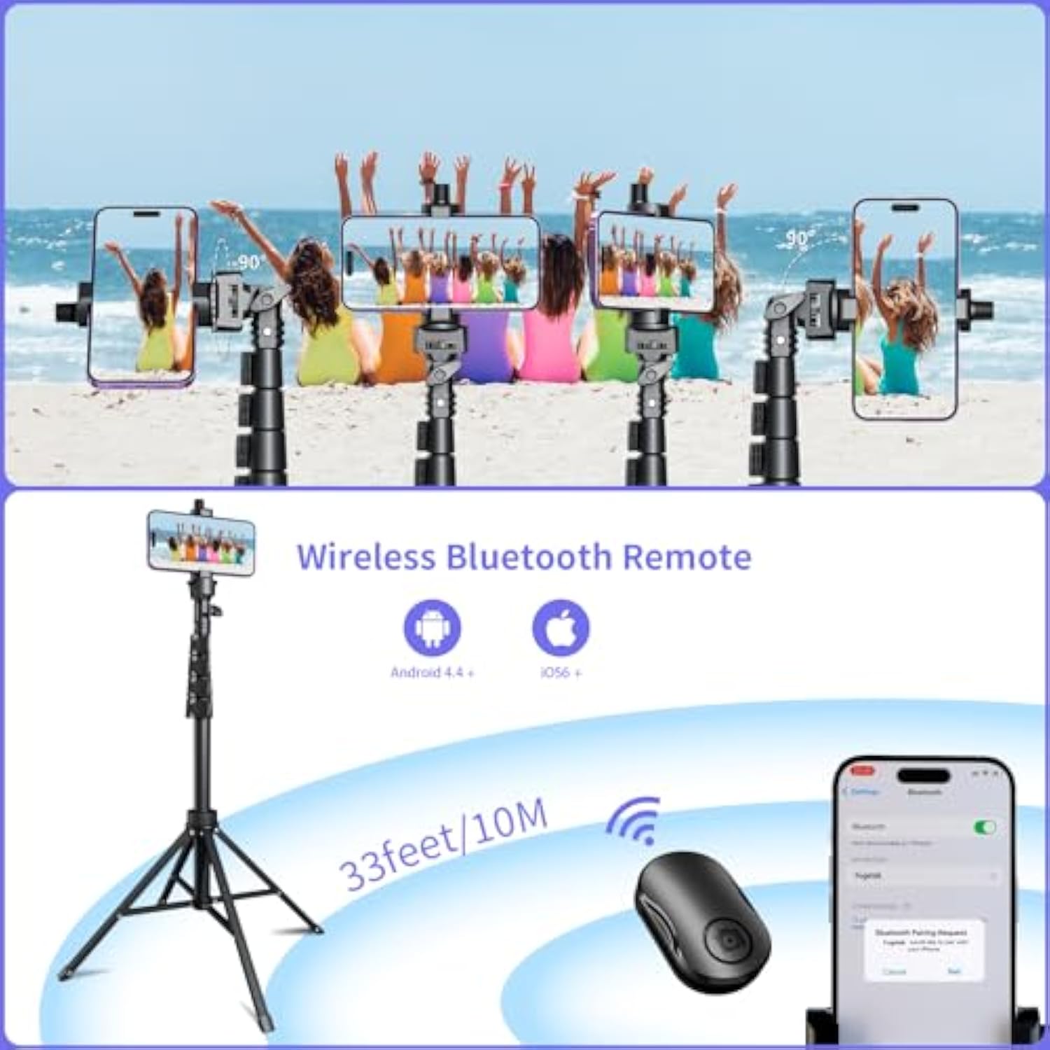 62" Selfie Stick Tripod For Iphone, Stable 4 Leg Design, Bluetooth Remote, Aluminum Stick & Legs, Lightweight, Portable All In One, Compatible With Iphone & Android, Non Skid Feet