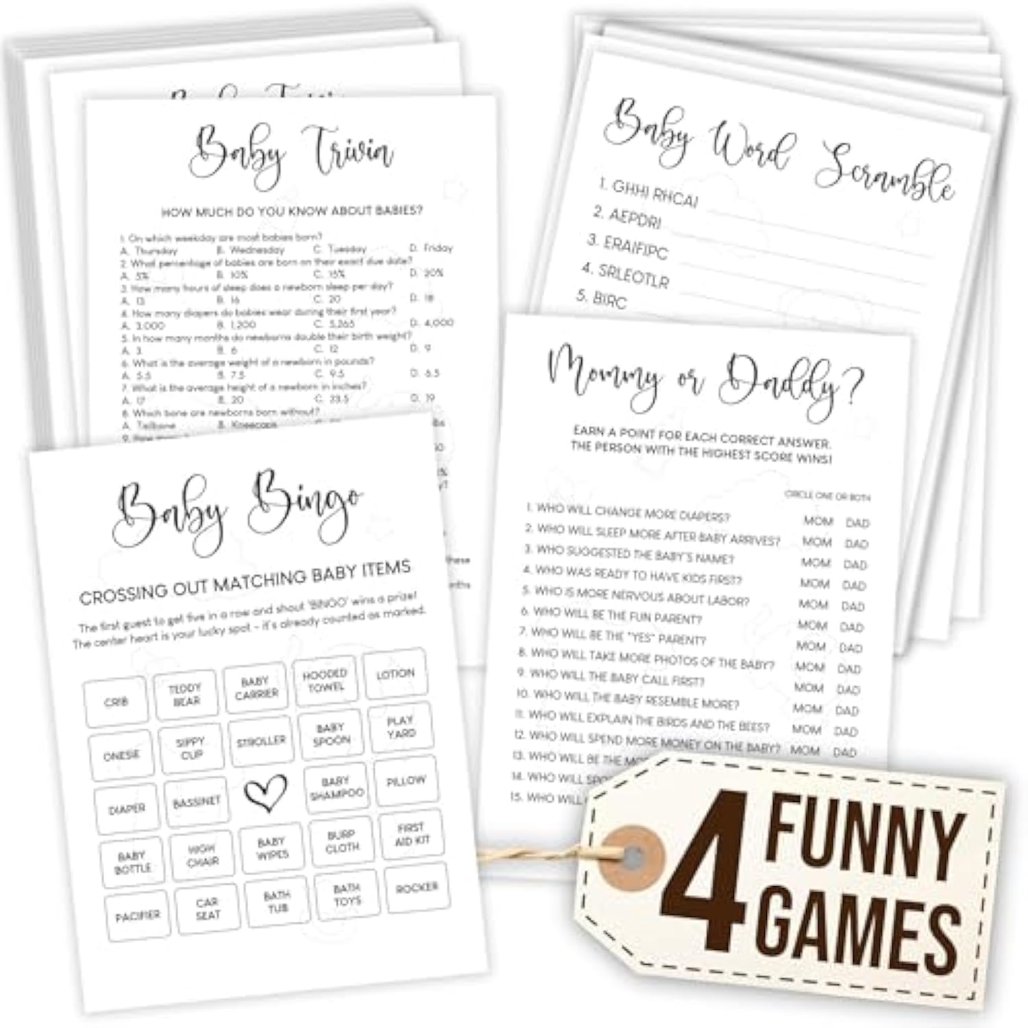 Funny Baby Shower Games Gender Neutral - Baby Shower Bingo Game For Girl, Baby Bingo For Baby Shower Boy Decorations, Baby Word Scramble Guess Who Mommy Or Daddy, Fun Baby Trivia Cards