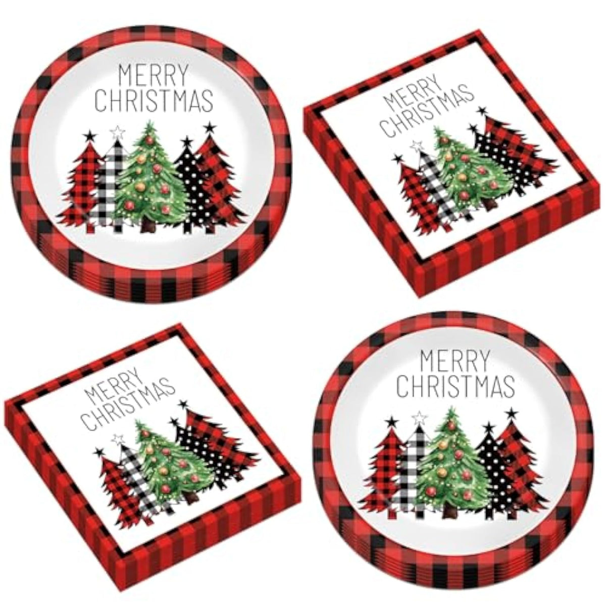 50Pcs Christmas Buffalo Plaid Tree Paper Plates And Napkins Red And Black Gingham Table Decoration Merry Christmas Disposable Party Tableware Set Serves 25 Guest Winter Xmas Holiday Party Supplies