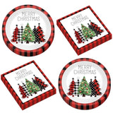 50Pcs Christmas Buffalo Plaid Tree Paper Plates And Napkins Red And Black Gingham Table Decoration Merry Christmas Disposable Party Tableware Set Serves 25 Guest Winter Xmas Holiday Party Supplies