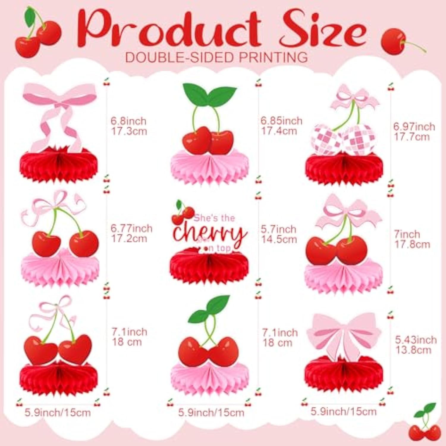 9 Pcs Birthday Party Decoration Pink Bow Honeycomb Centerpieces 3D Table Decor For Baby Shower Party Supplies (Cherry)