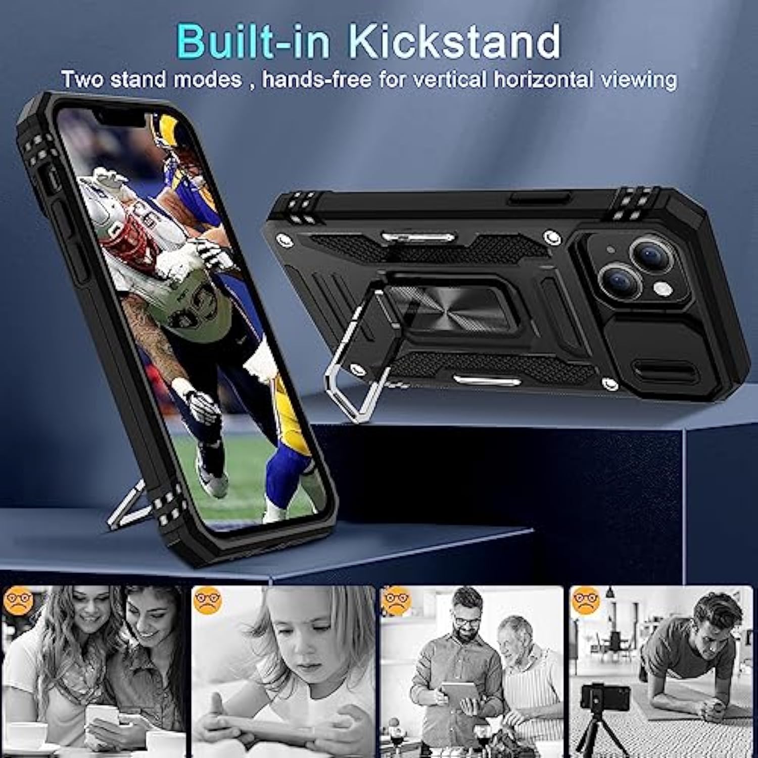 Case For Iphone 13/Iphone 14 6.1-Inch With Slide Camera Cover+Screen Protector(2 Packs),Rotated Ring Kickstand Military Grade Shockproof Protective Cover-Black