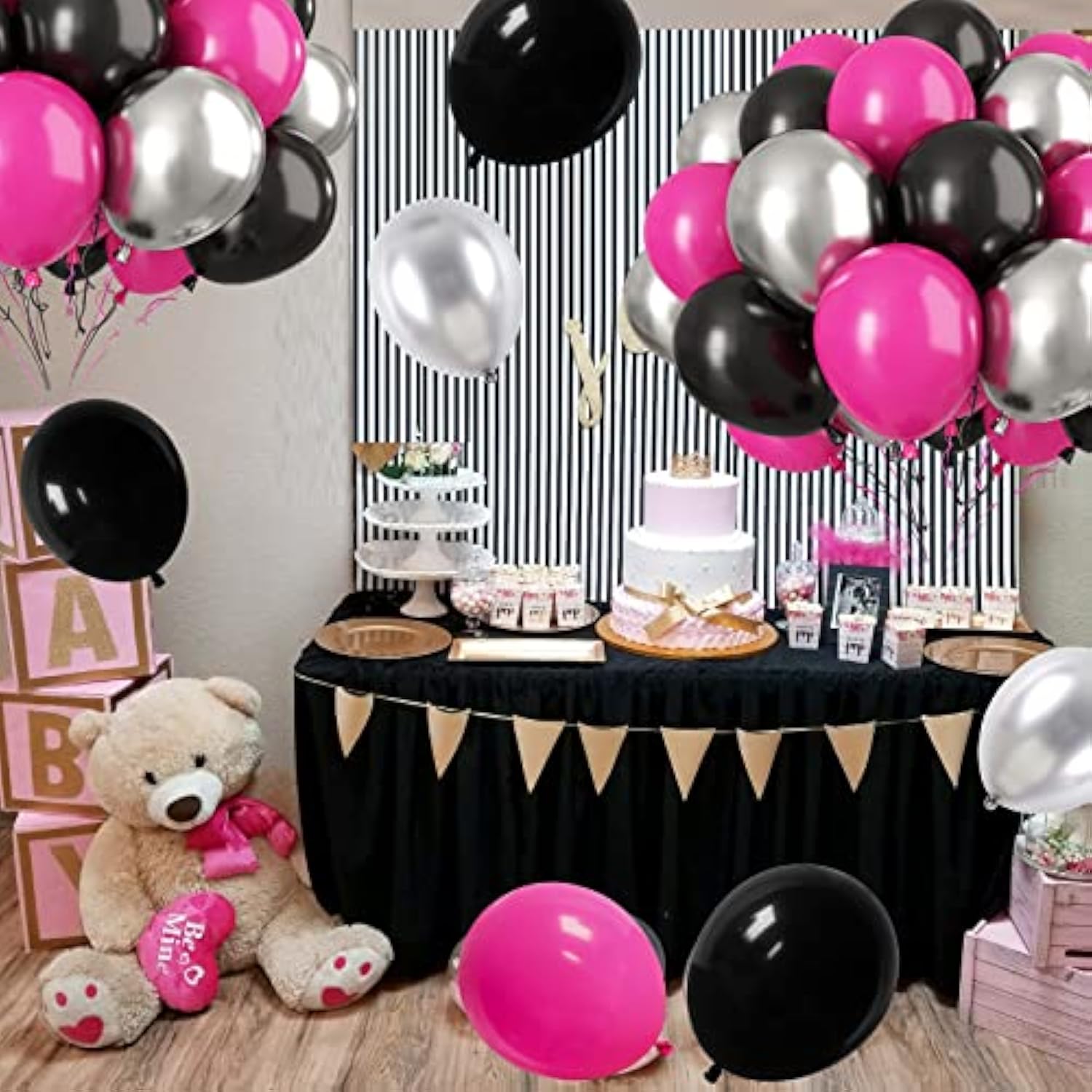 Hot Pink And Black Balloons, 30 Pcs 12 Inch Black Hot Pink And Silver Latex Balloons With Ribbons For Girls Birthday Engagement Anniversary Wedding Bridal Shower Party Graduation Decoration