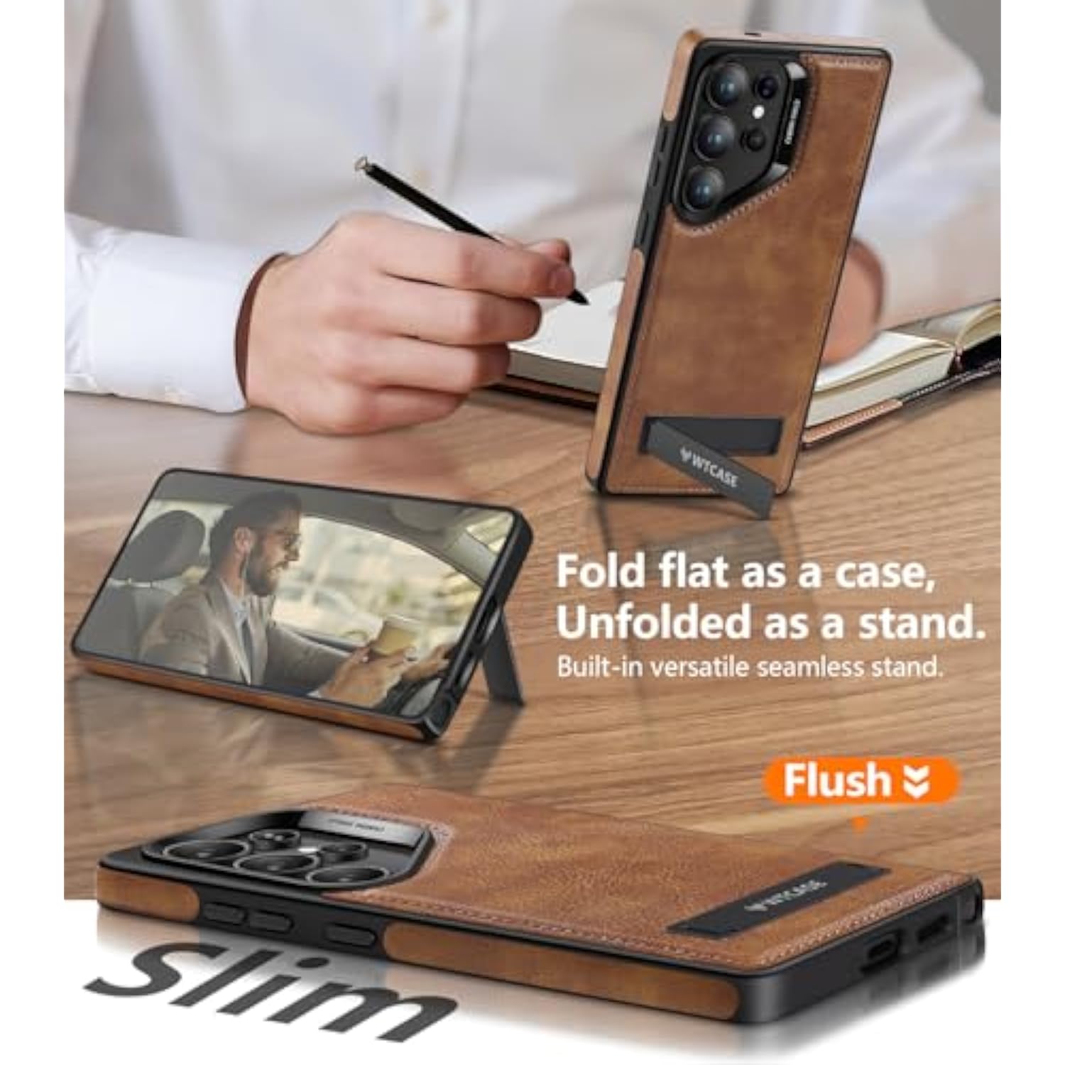 Brown leather Galaxy S25 Ultra case with MagSafe, strong magnets & kickstand.