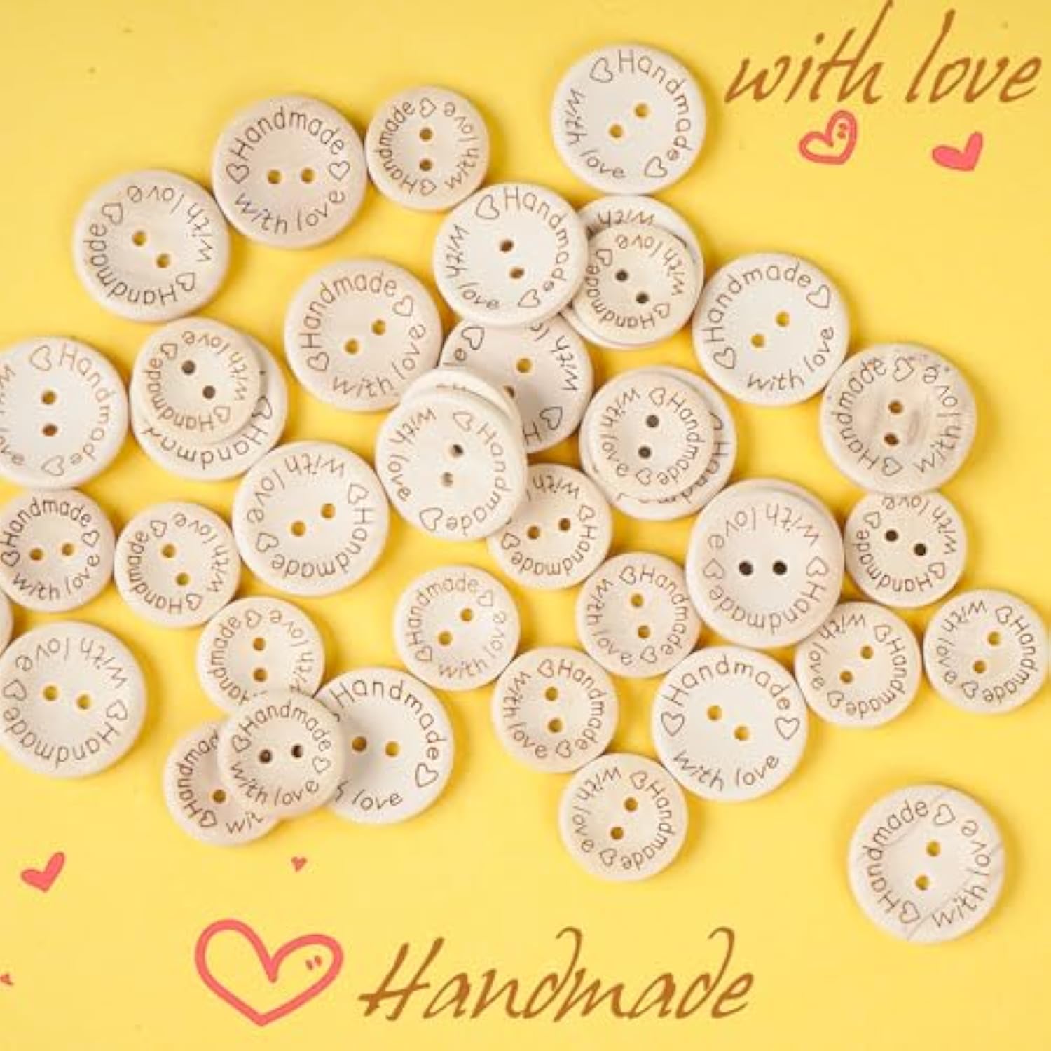 100Pcs 1" 25Mm Handmade With Love Wood Buttons Craft Sewing Button (1"