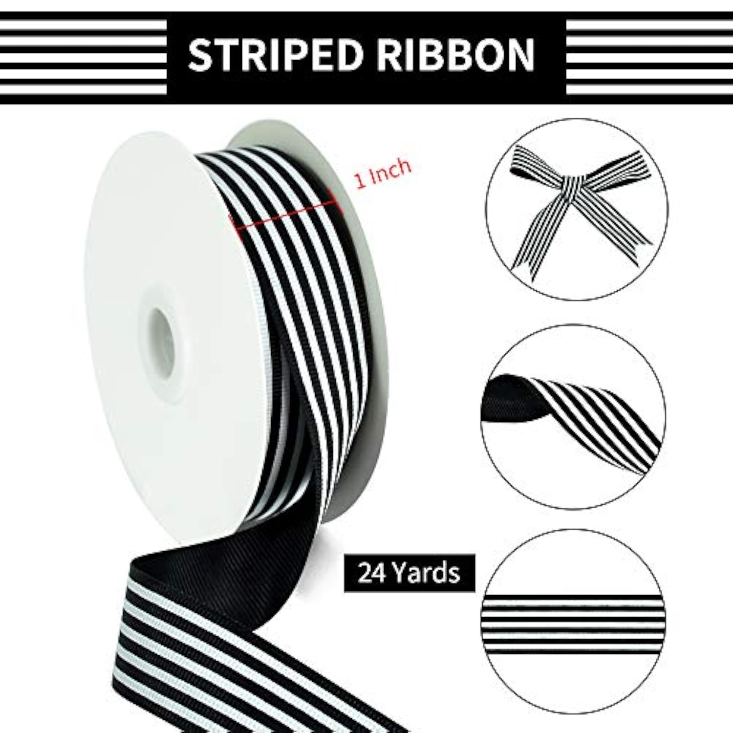Black White Striped Ribbon 1 Inch Wide Fabric Grosgrain Ribbons 25 Yar