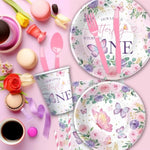 Butterfly First Birthday Plates And Napkins Party Supplies - Girl'S 1St Birthday Decorations, Plate, Cup, Napkin, Fork For One-Year-Old Party Tableware | Serves 24