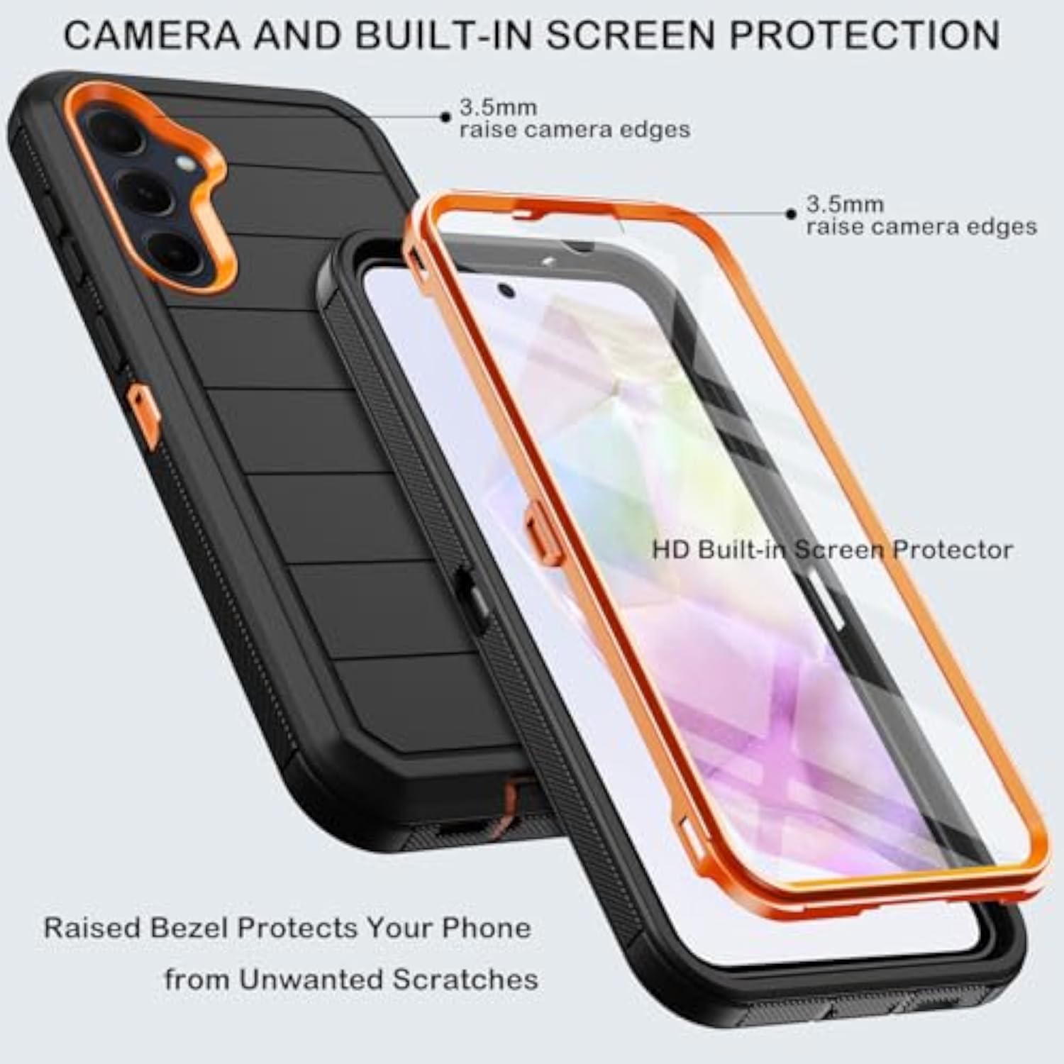 Samsung Galaxy A35 5G Heavy Duty Shockproof Case with Built-in Screen Protector and Belt Clip Holster, Black Orange